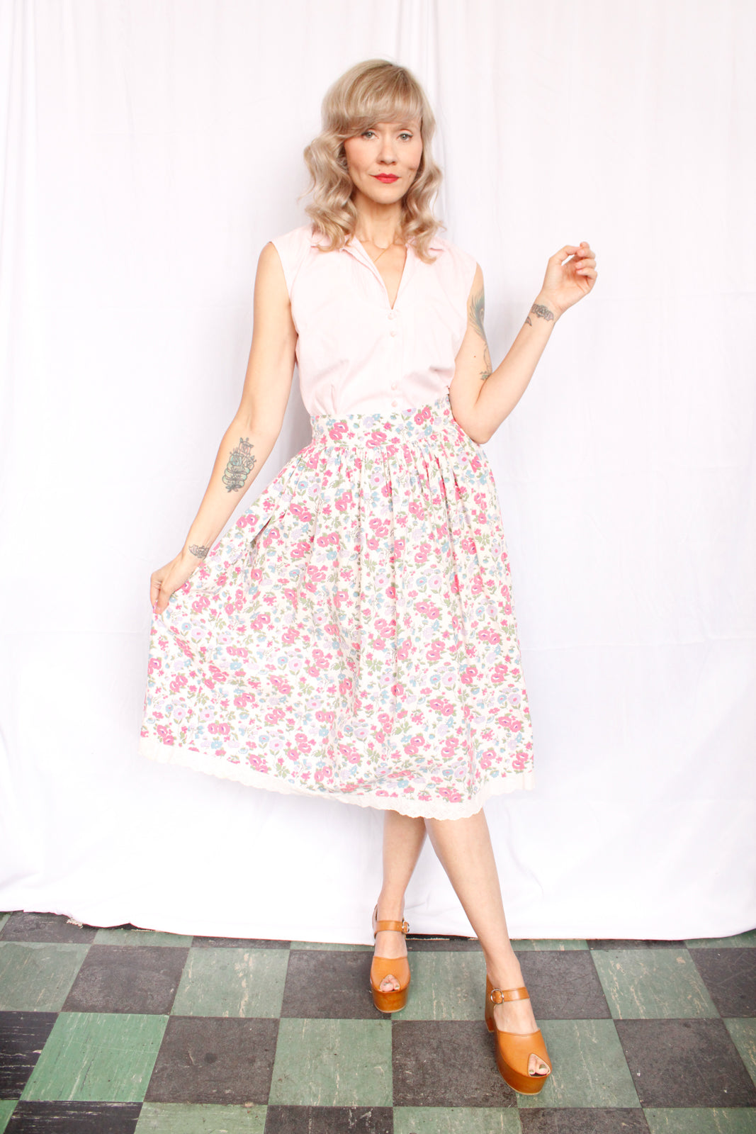 Reserved - Late 1930s Floral Cotton Skirt - Med