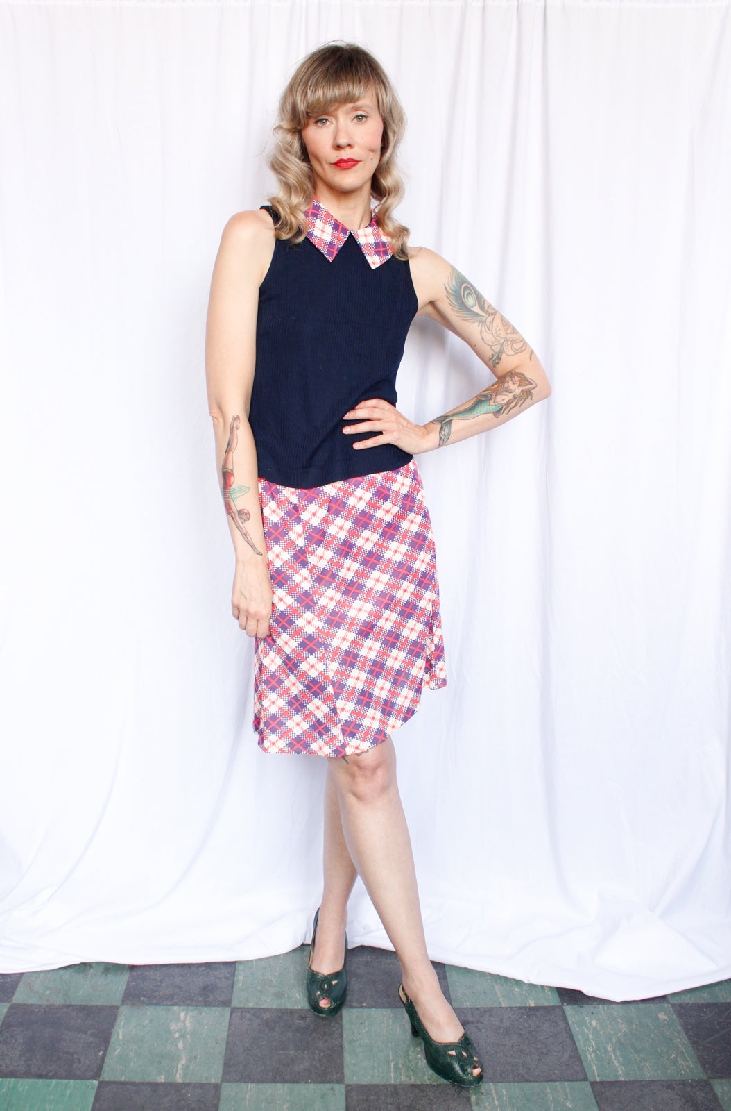 1970s 2pc Blue & Coral Plaid Blouse + Skirt Set - Medium