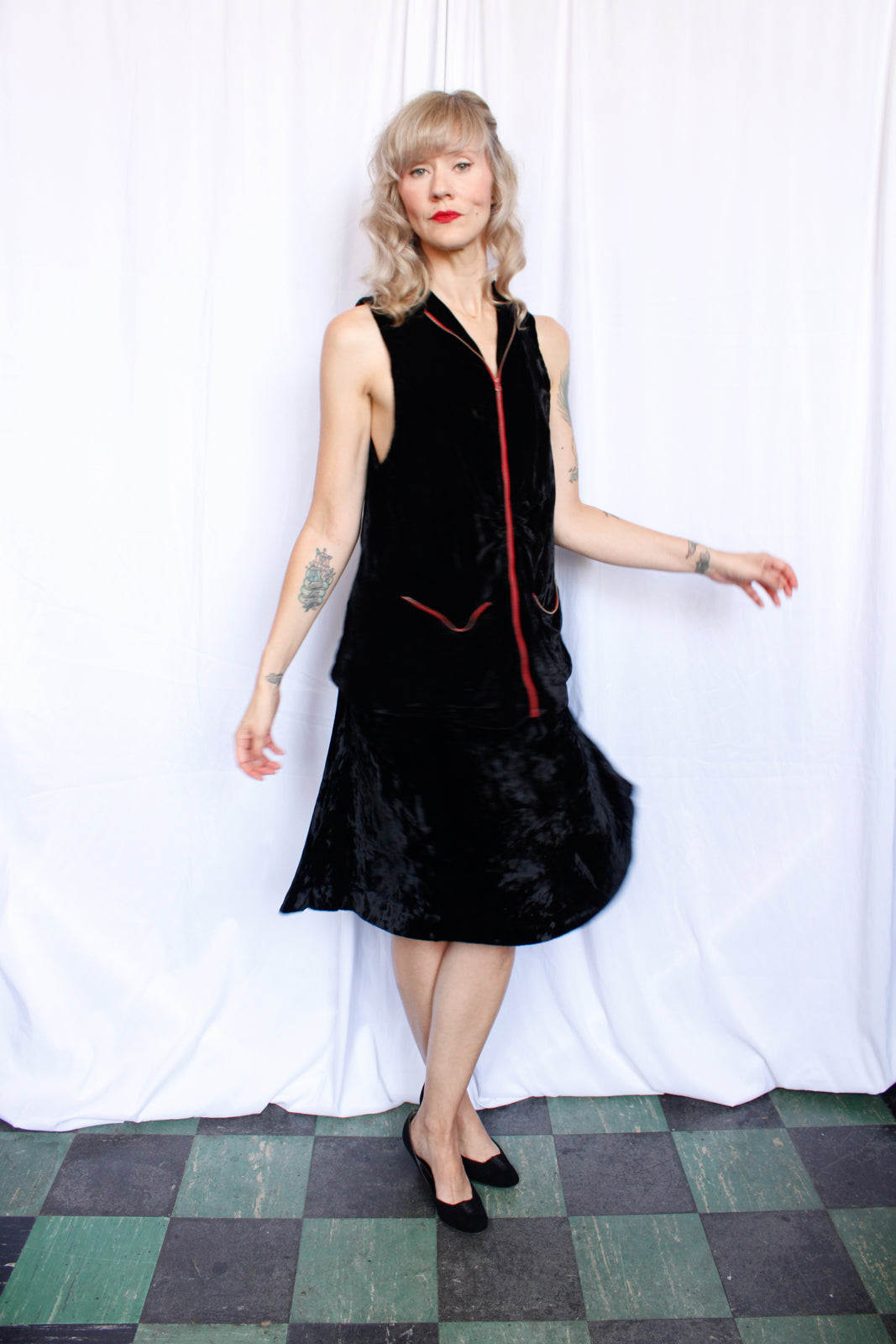 1930s Zippered Velvet Tunic & Skirt - Xsmall