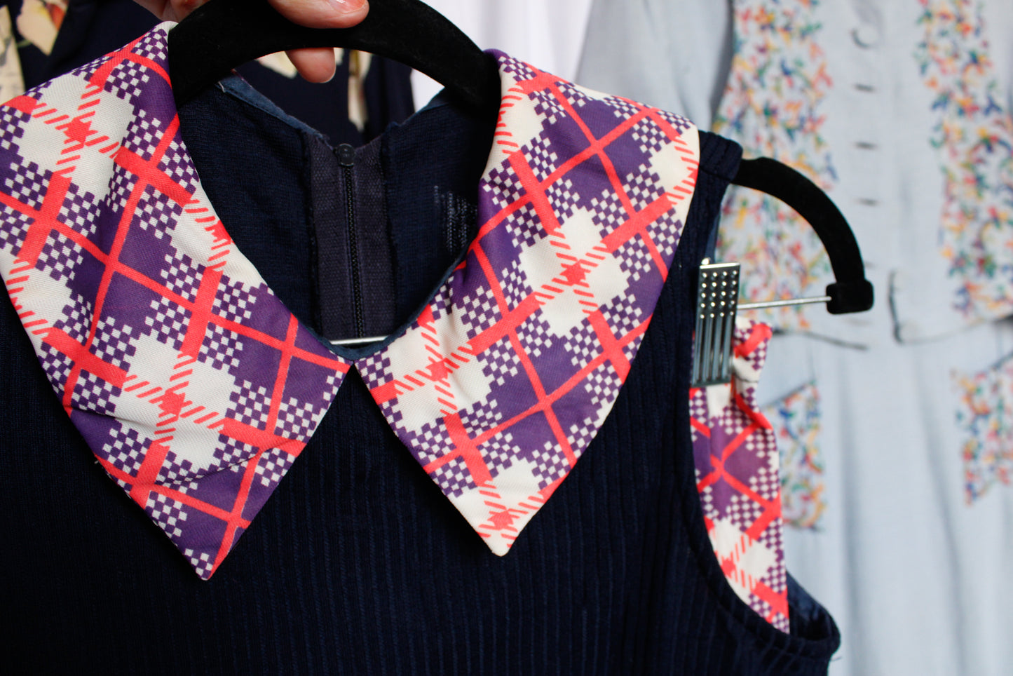 1970s 2pc Blue & Coral Plaid Blouse + Skirt Set - Medium