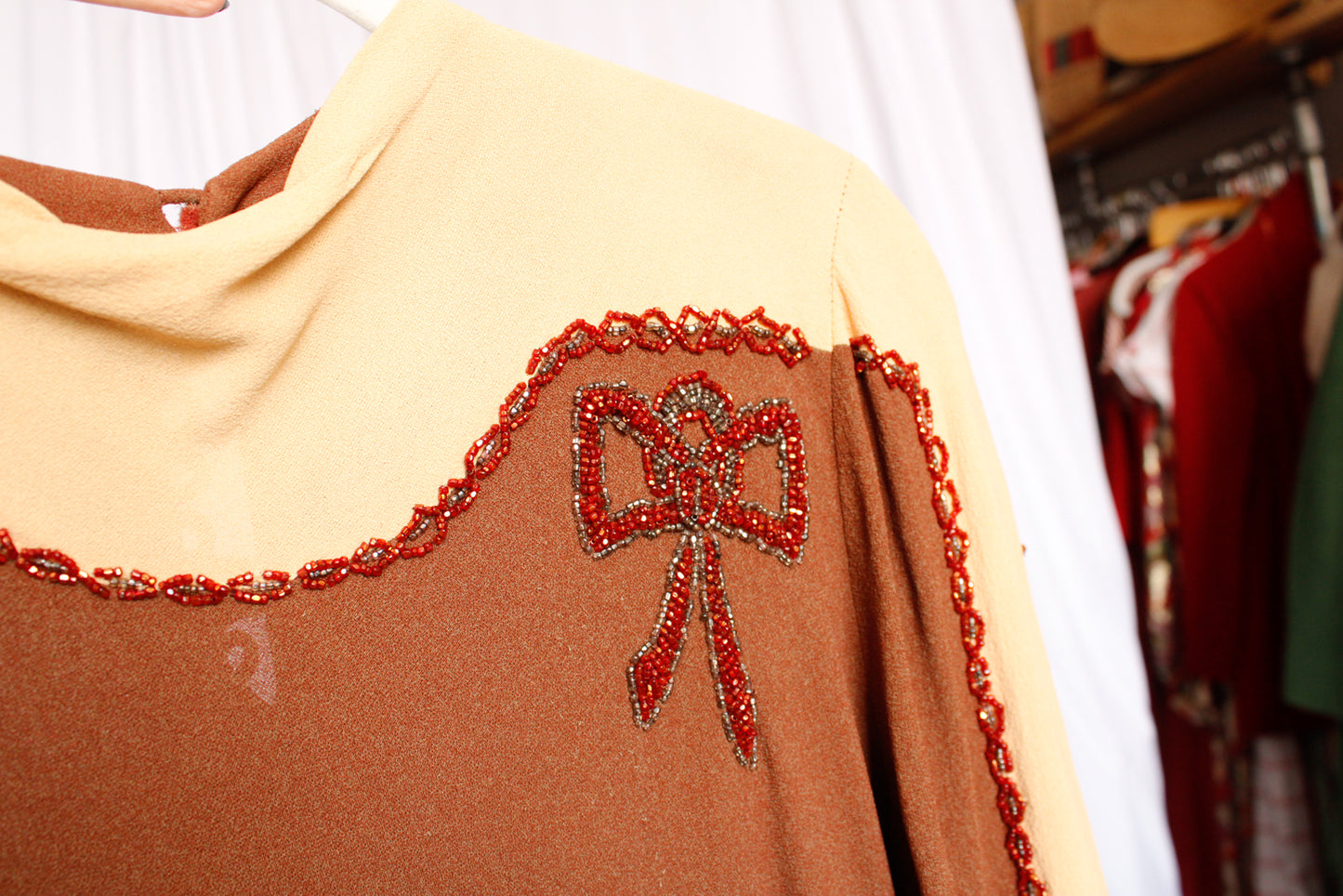 1940s Beaded Bow Crepe Dress - Small
