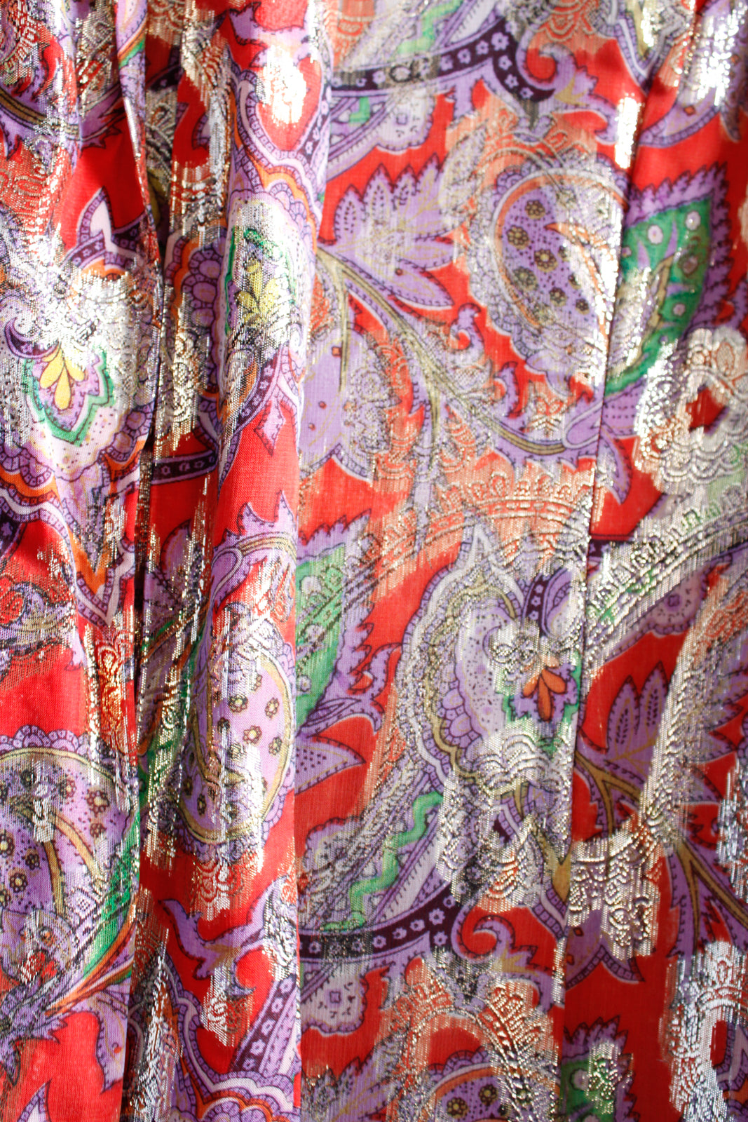 1970s Gold & Red Metallic Maxi Dress with Ruffle Hem - Medium