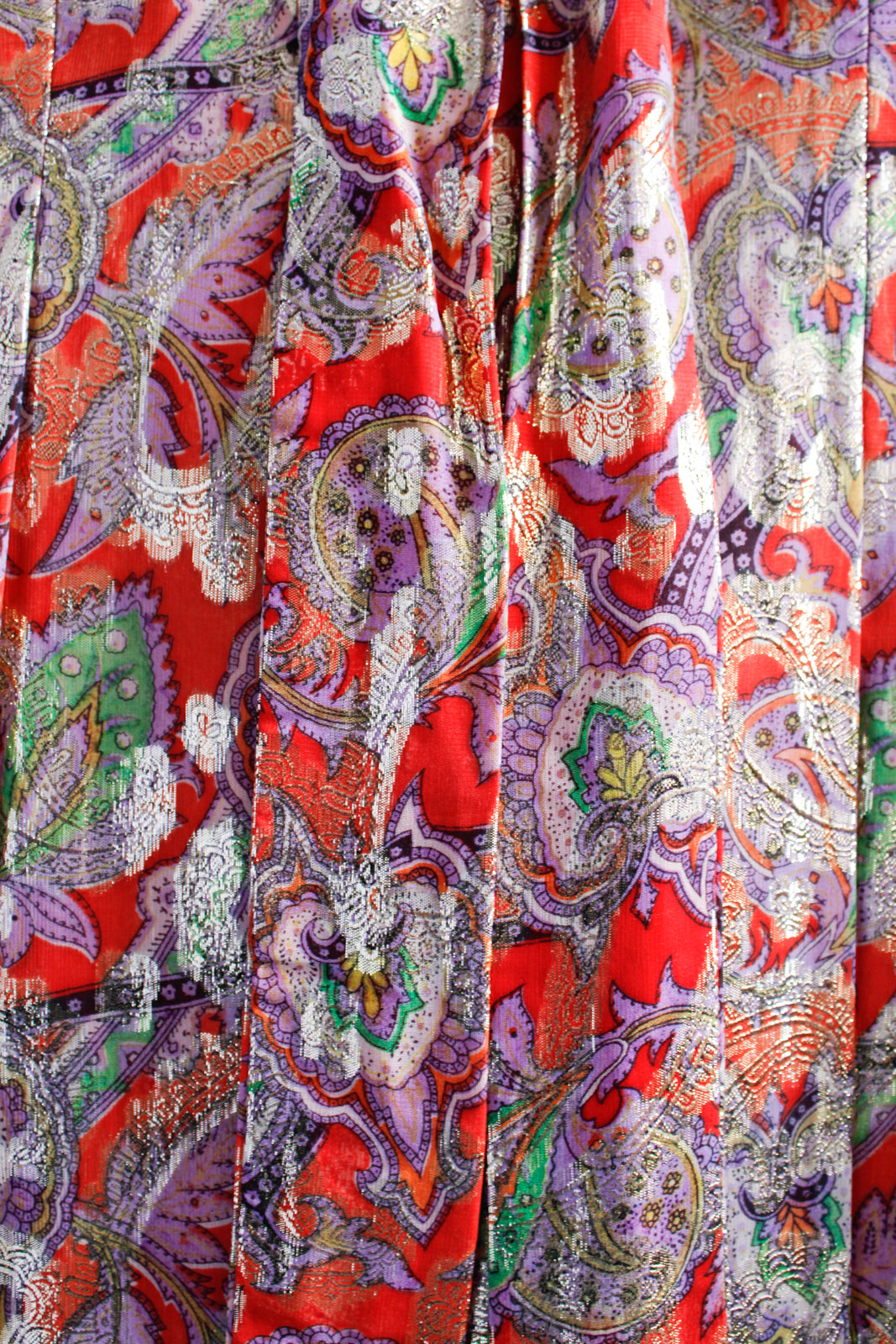 1970s Gold & Red Metallic Maxi Dress with Ruffle Hem - Medium
