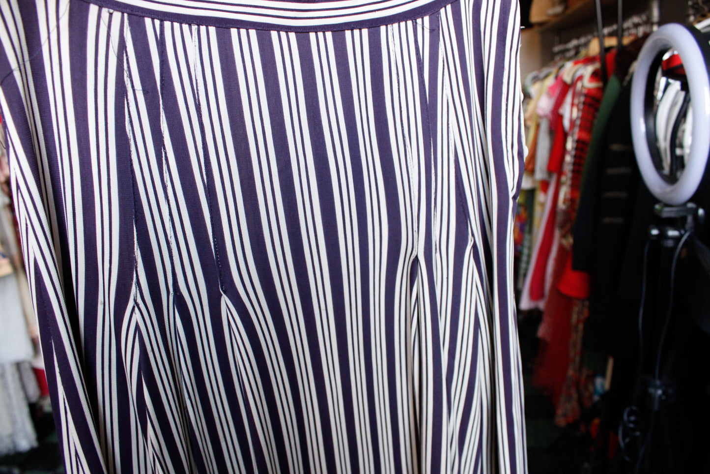 1930s Nylon Jersey Navy & Cream Striped Skirt - Medium
