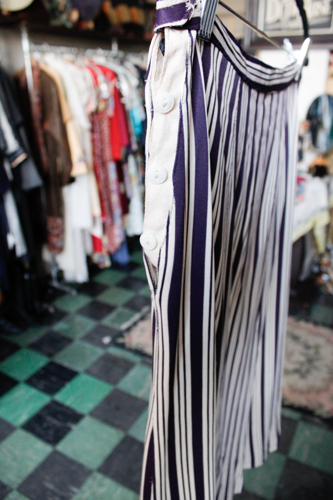 1930s Nylon Jersey Navy & Cream Striped Skirt - Medium