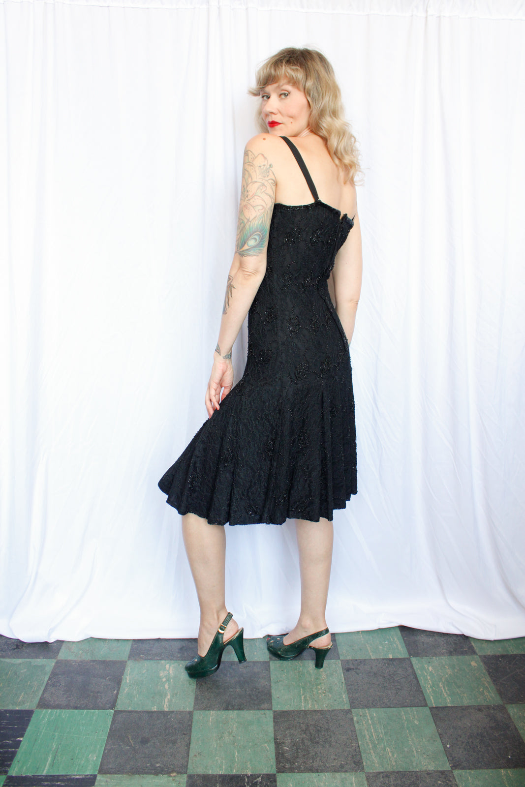 1990s Beaded Lace Black Cocktail Dress - Small