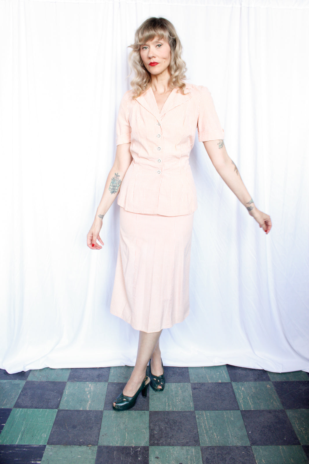 1940s Seersucker Blouse and Skirt Set - Xsmall