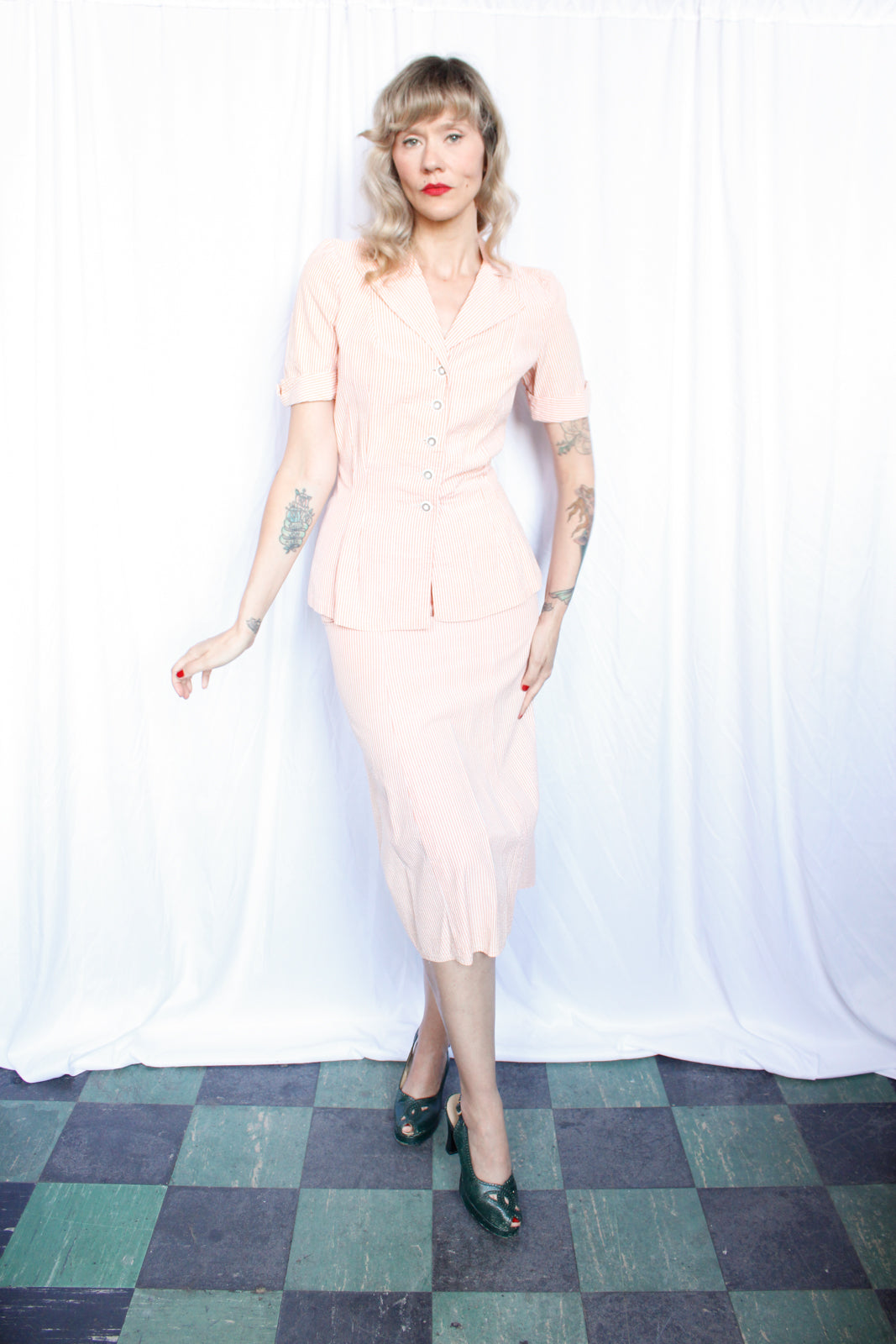 1940s Seersucker Blouse and Skirt Set - Xsmall