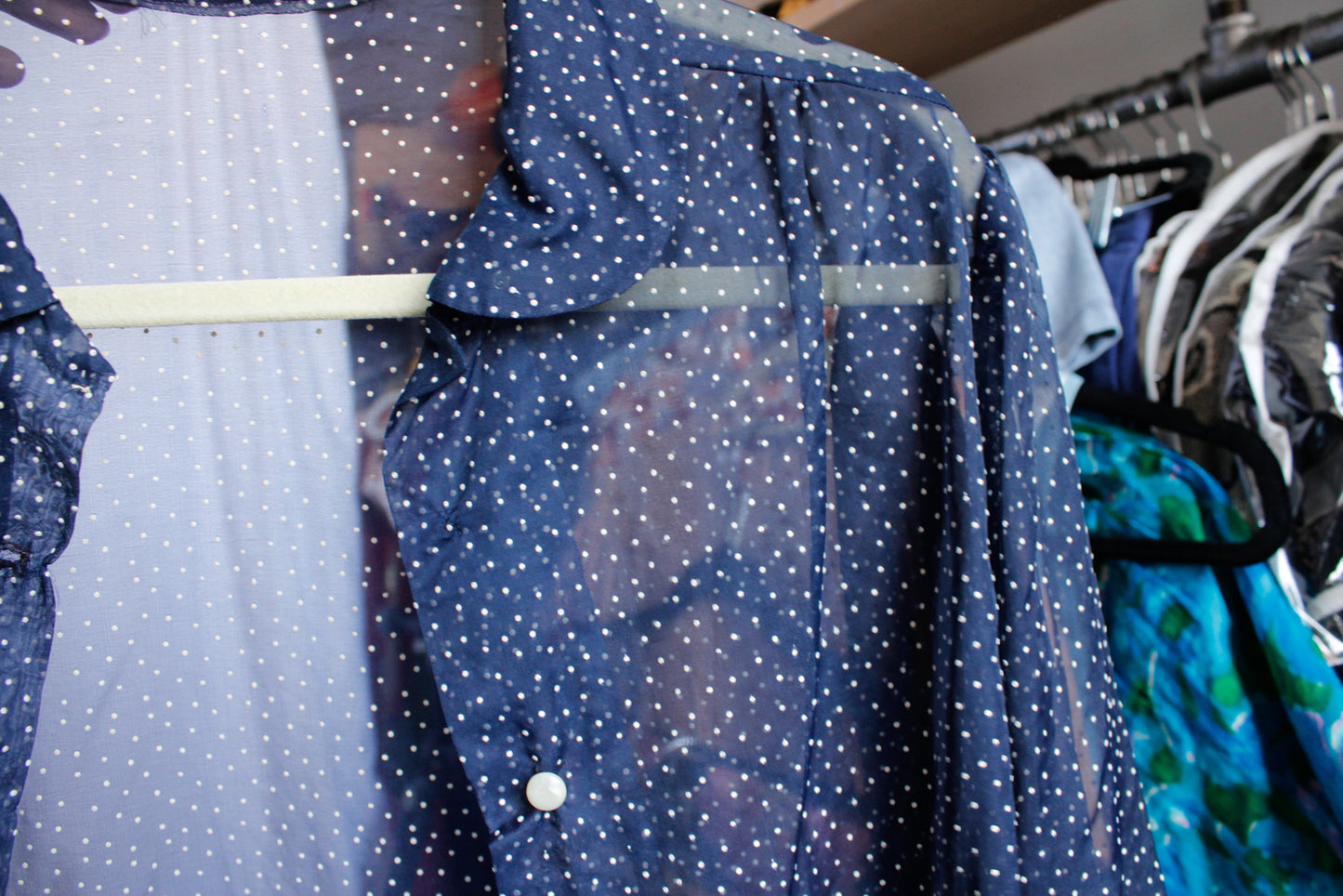 1950s Swiss Dot Sheer Navy Blouse - M/L