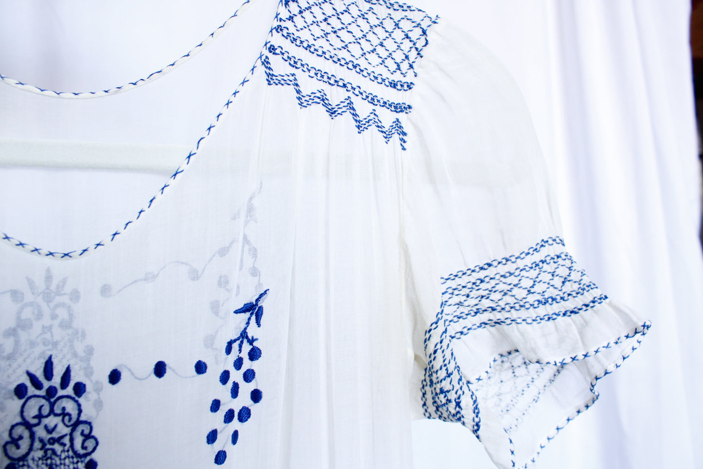 1930s Hungarian Blue Embroidered Cotton Voile Dress - Xs/S