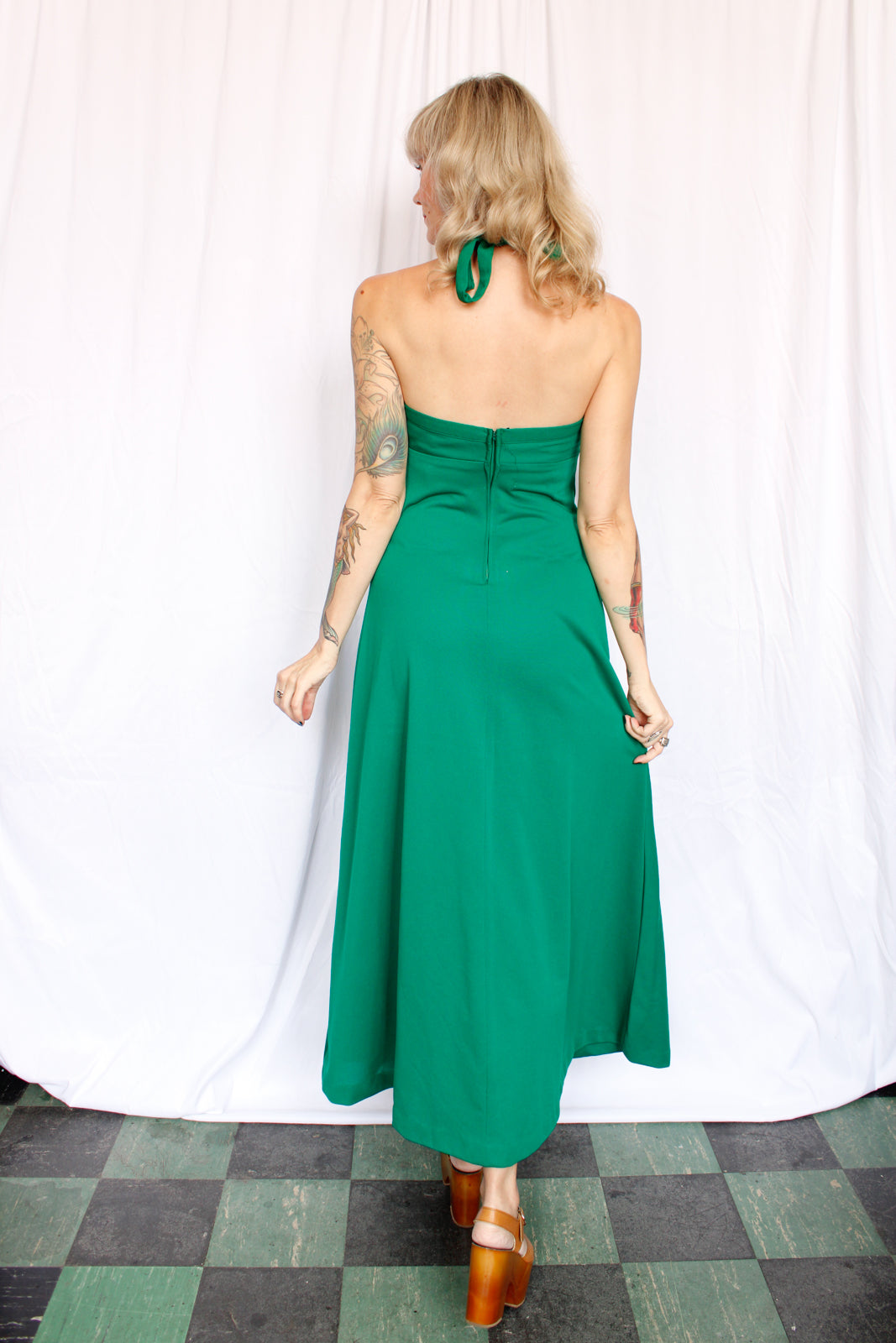 1970s Kelly Green Maxi Halter Dress - Small