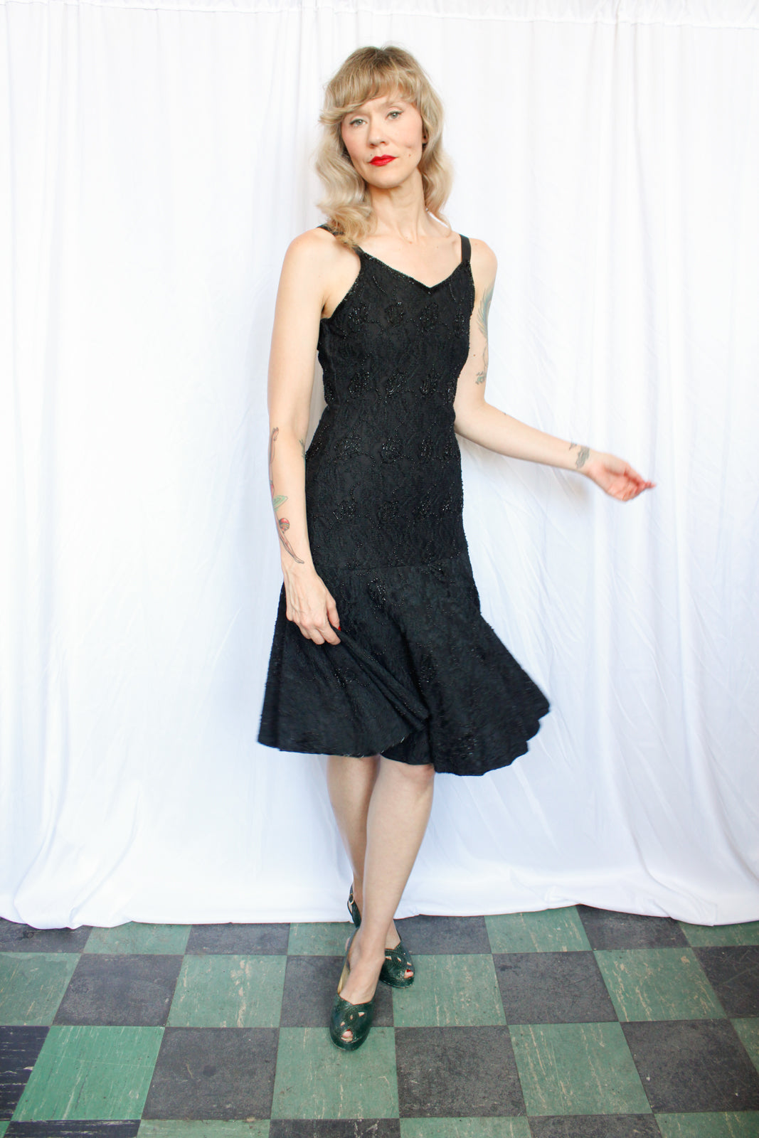 1990s Beaded Lace Black Cocktail Dress - Small