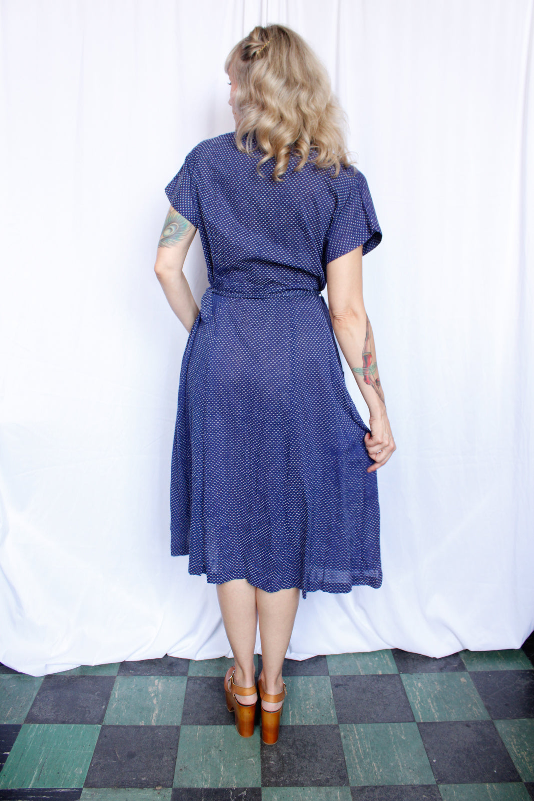 1940s Swiss Dot Blue & White Dress - XLarge