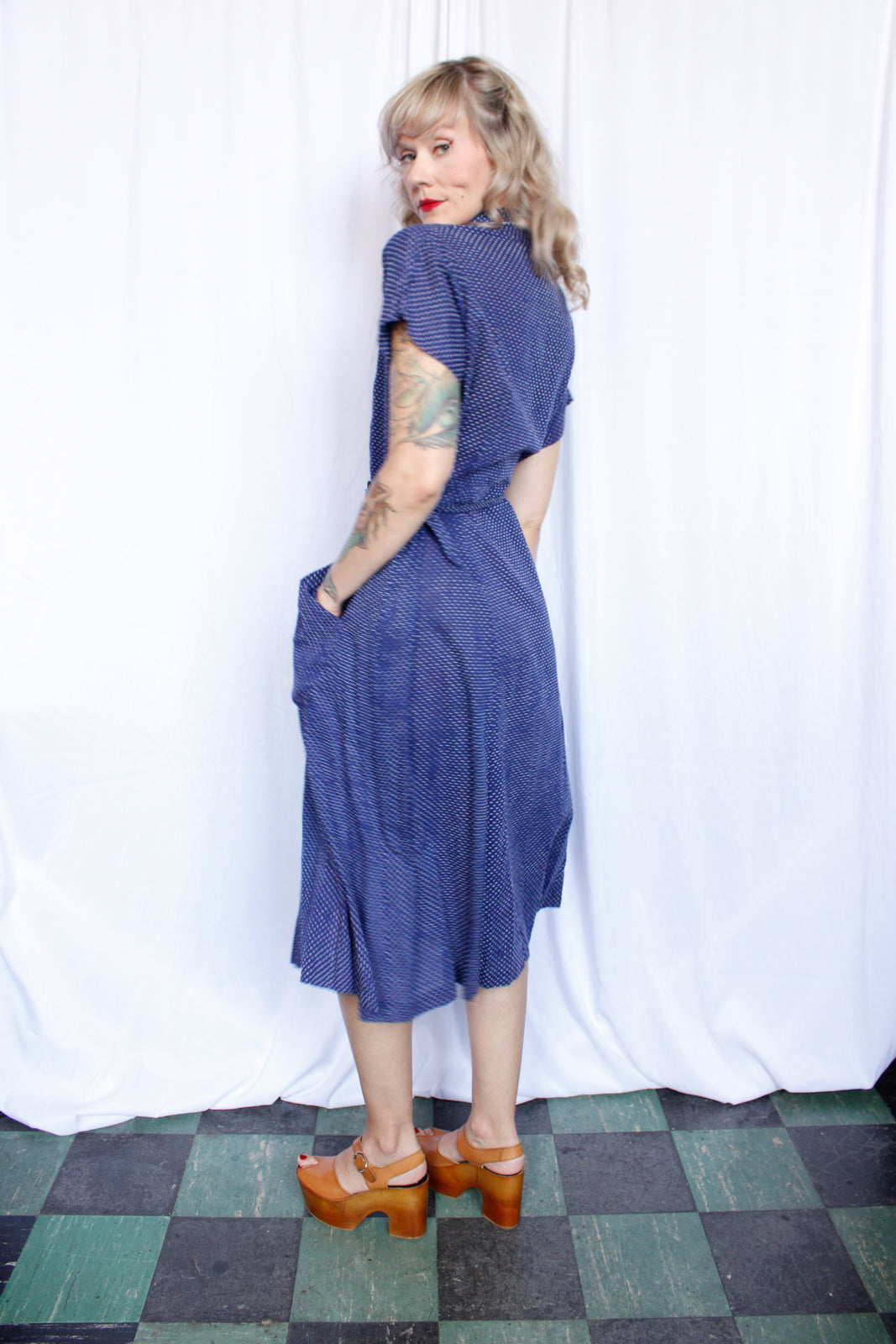 1940s Swiss Dot Blue & White Dress - XLarge