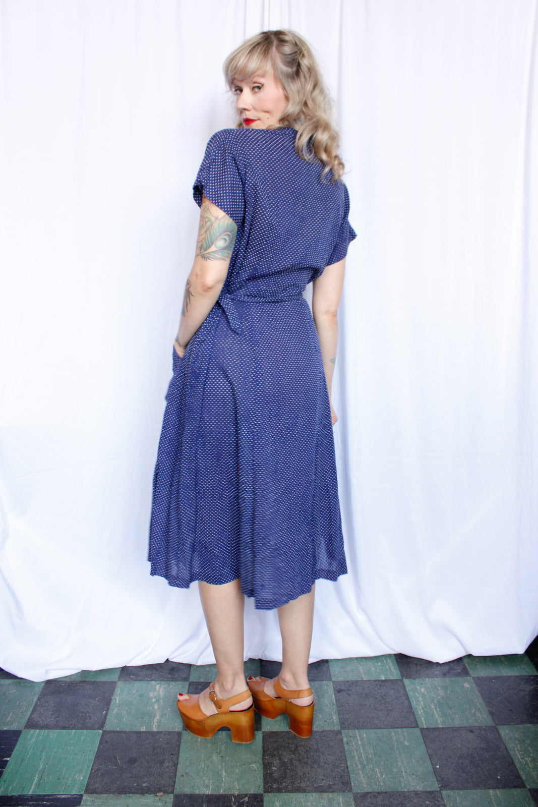 1940s Swiss Dot Blue & White Dress - XLarge