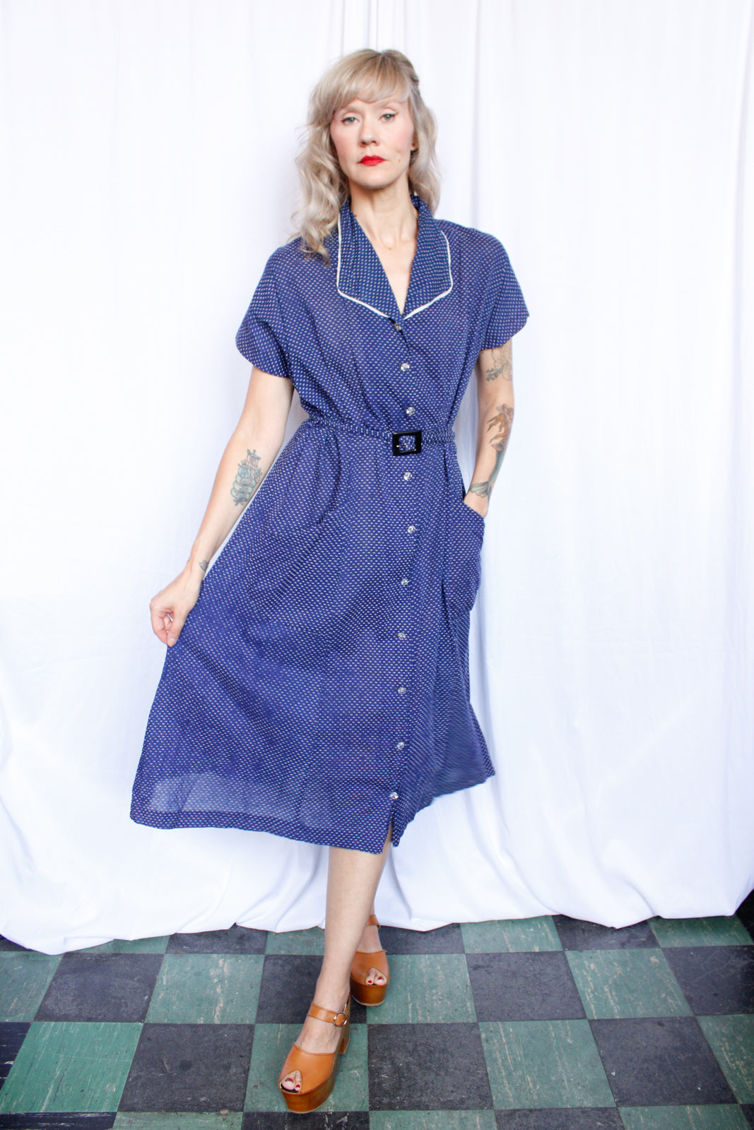 1940s Swiss Dot Blue & White Dress - XLarge