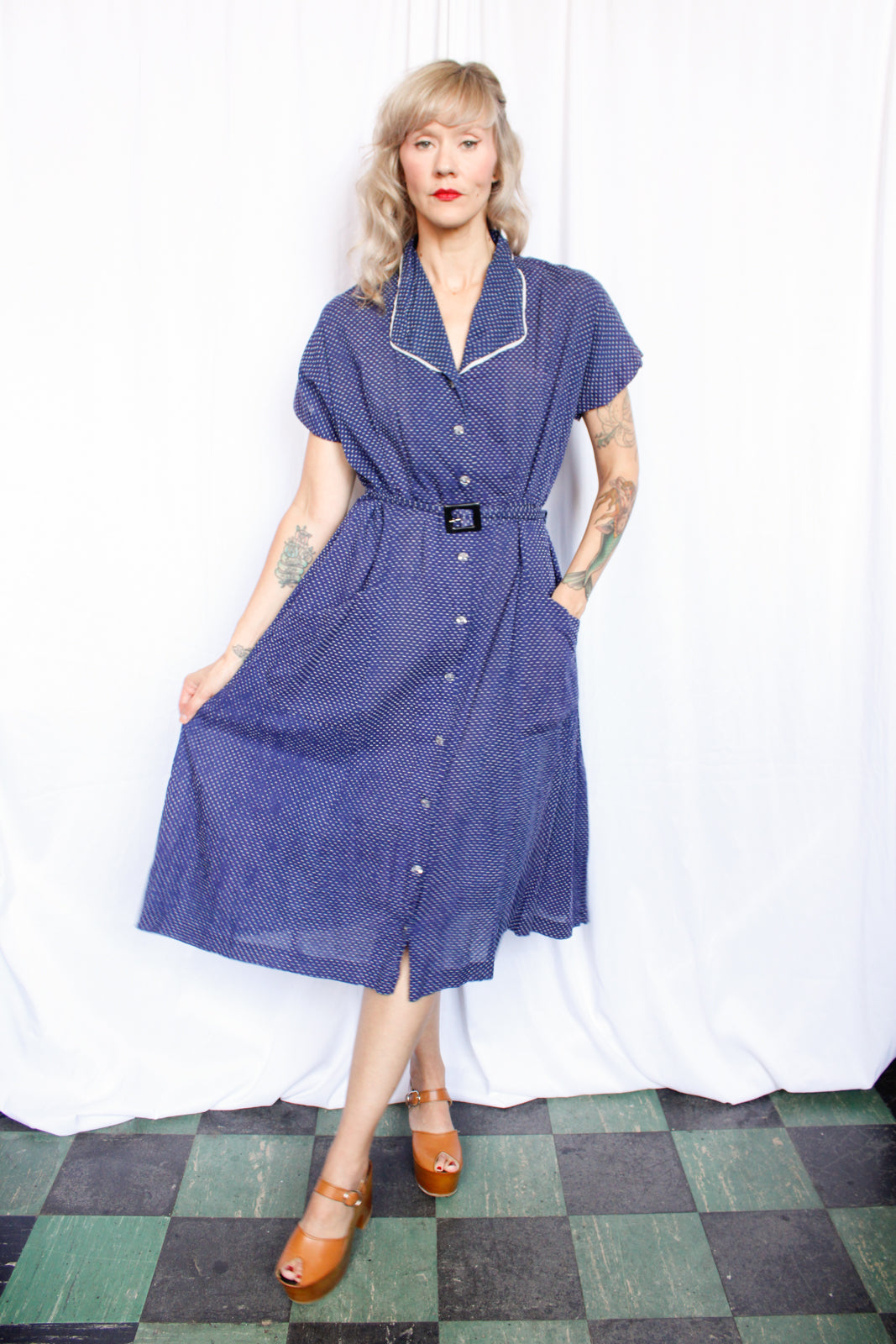 1940s Swiss Dot Blue & White Dress - XLarge