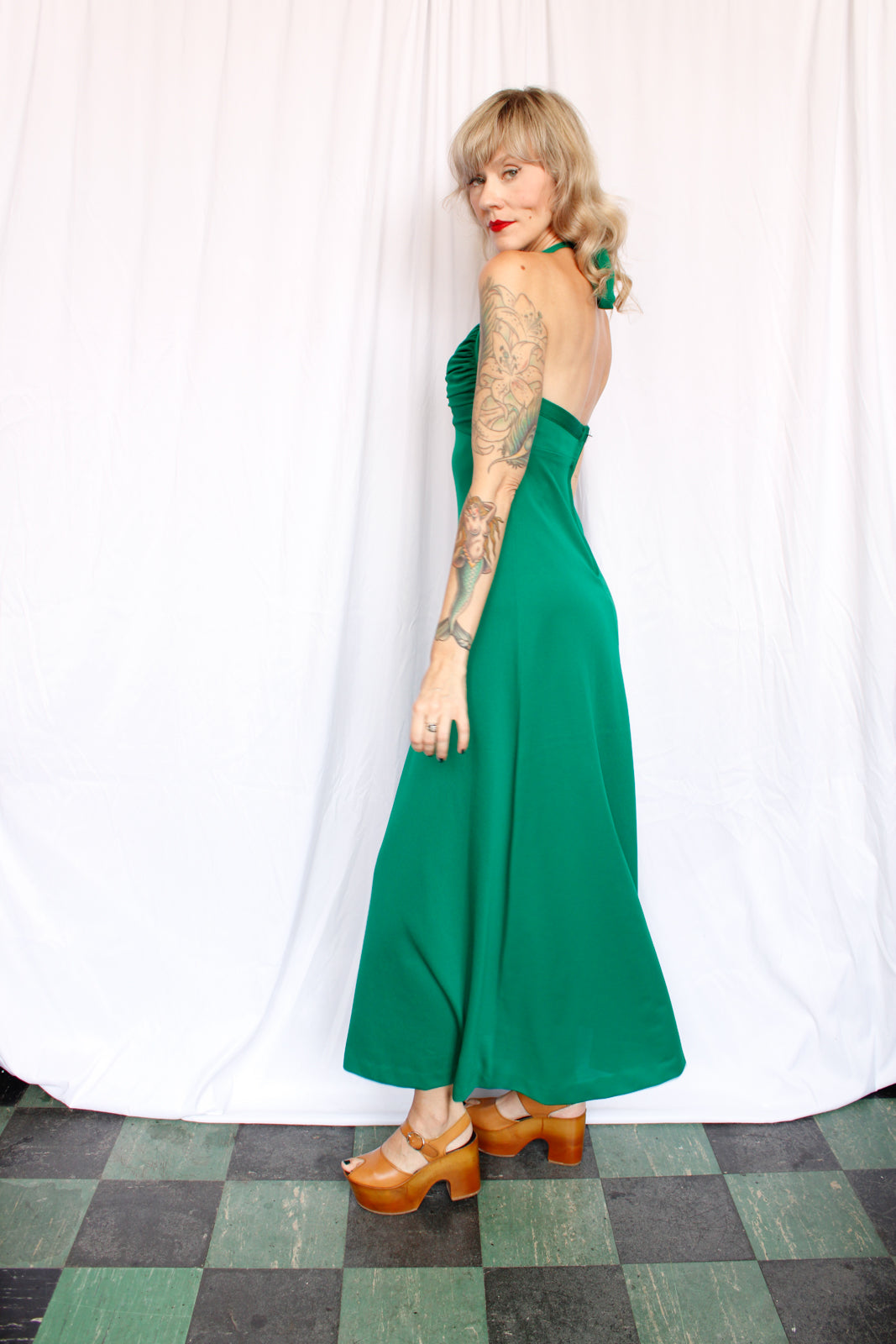 1970s Kelly Green Maxi Halter Dress - Small