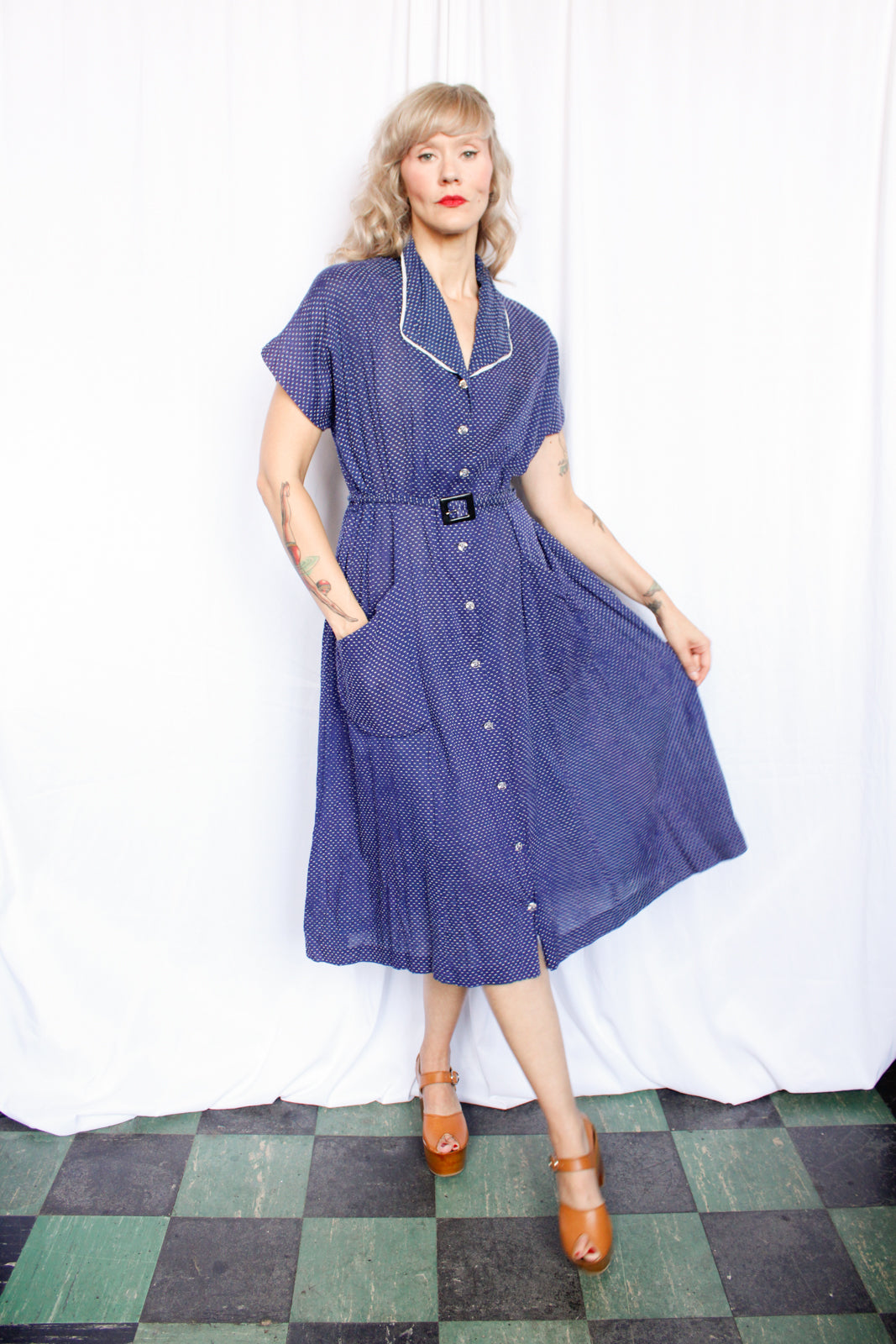1940s Swiss Dot Blue & White Dress - XLarge