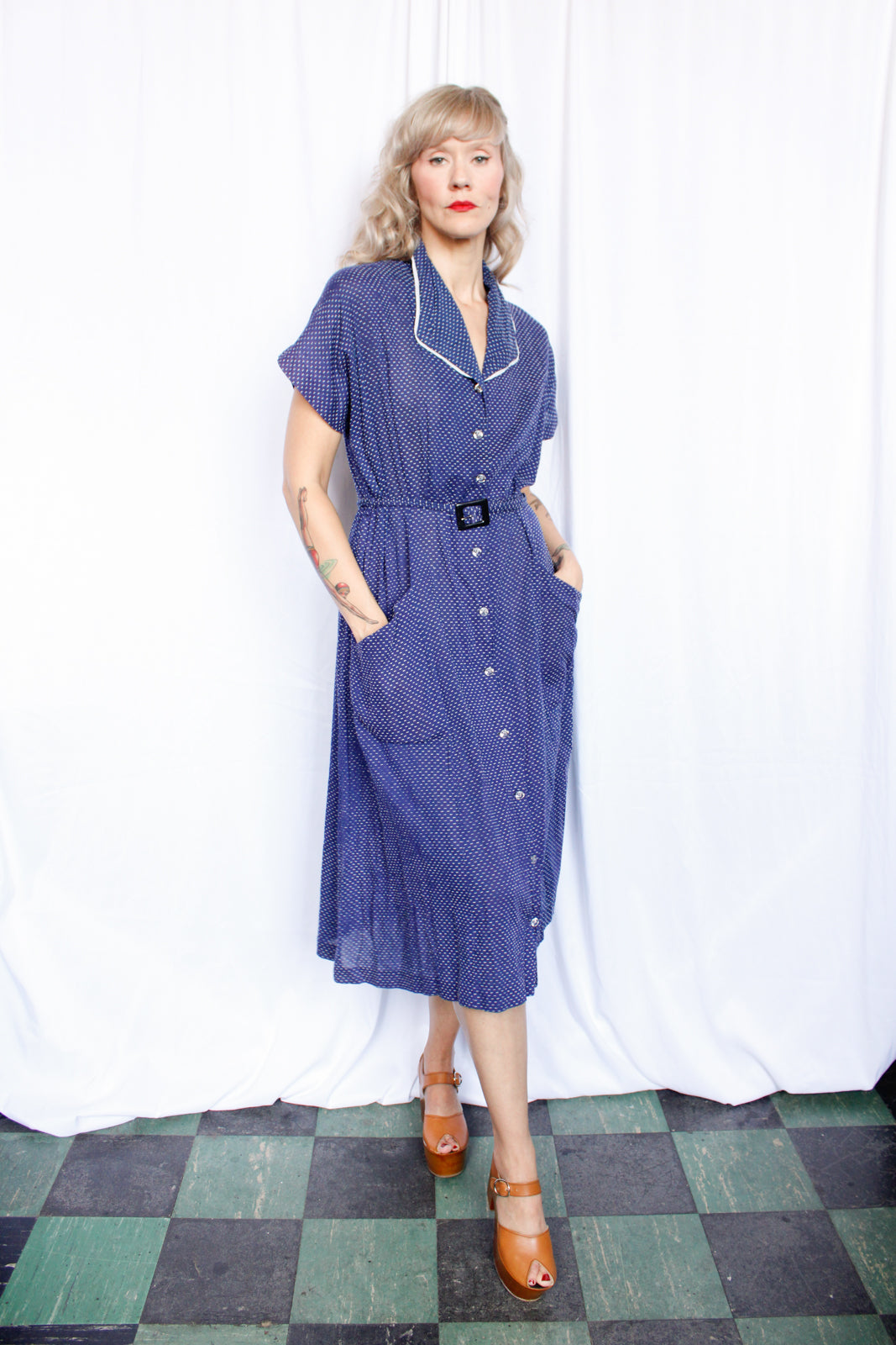 1940s Swiss Dot Blue & White Dress - XLarge