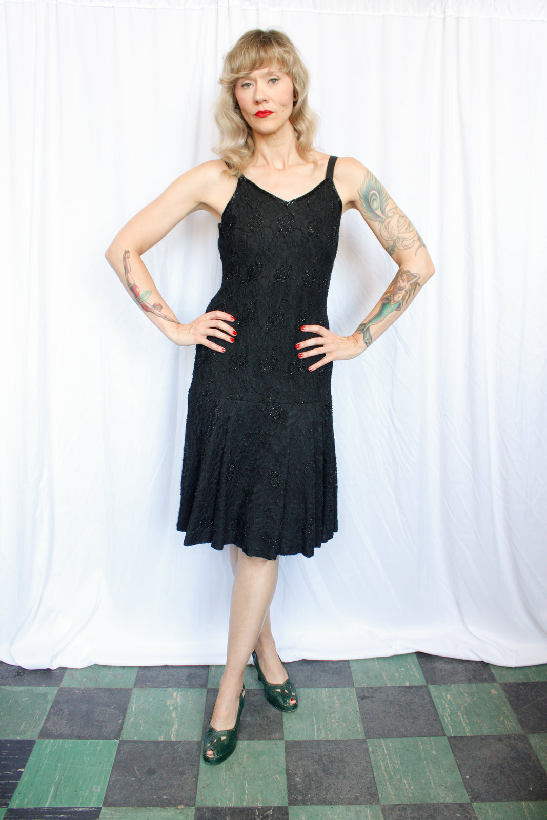 1990s Beaded Lace Black Cocktail Dress - Small