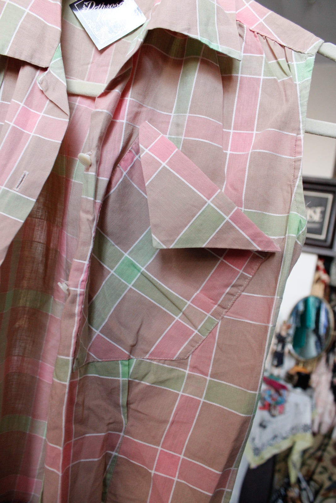 1950s Cotton Plaid Sleeveless Blouse - Medium