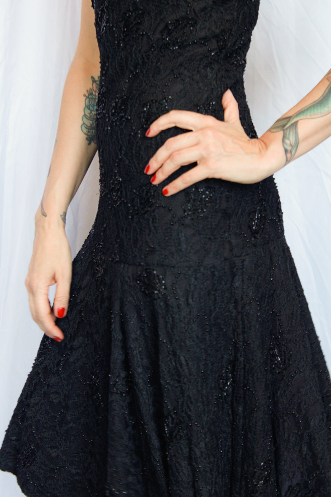 1990s Beaded Lace Black Cocktail Dress - Small