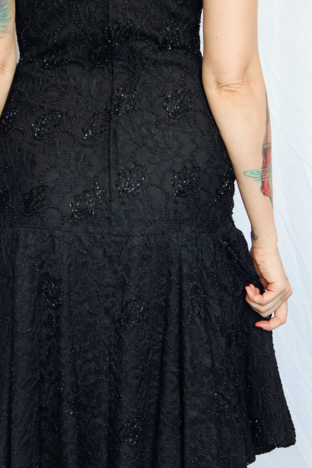 1990s Beaded Lace Black Cocktail Dress - Small