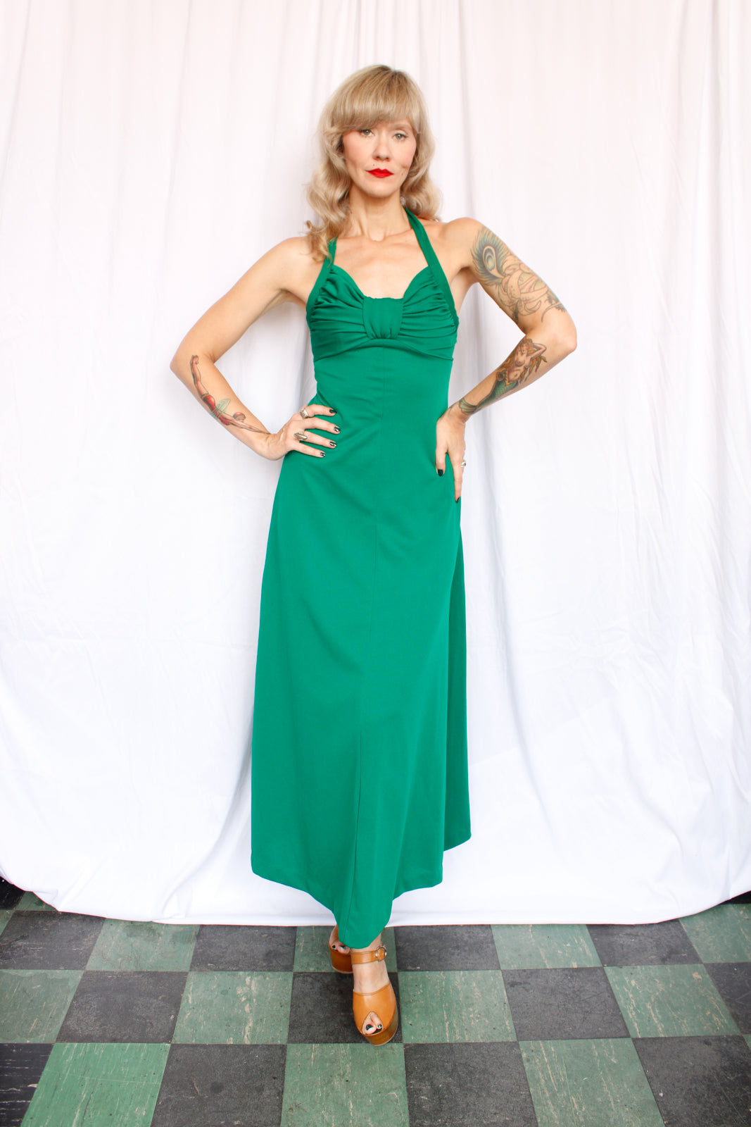 1970s Kelly Green Maxi Halter Dress - Small