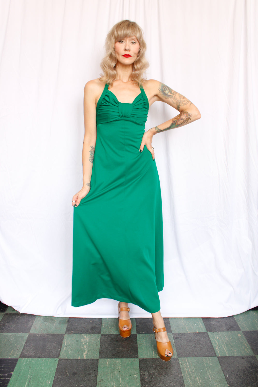1970s Kelly Green Maxi Halter Dress - Small