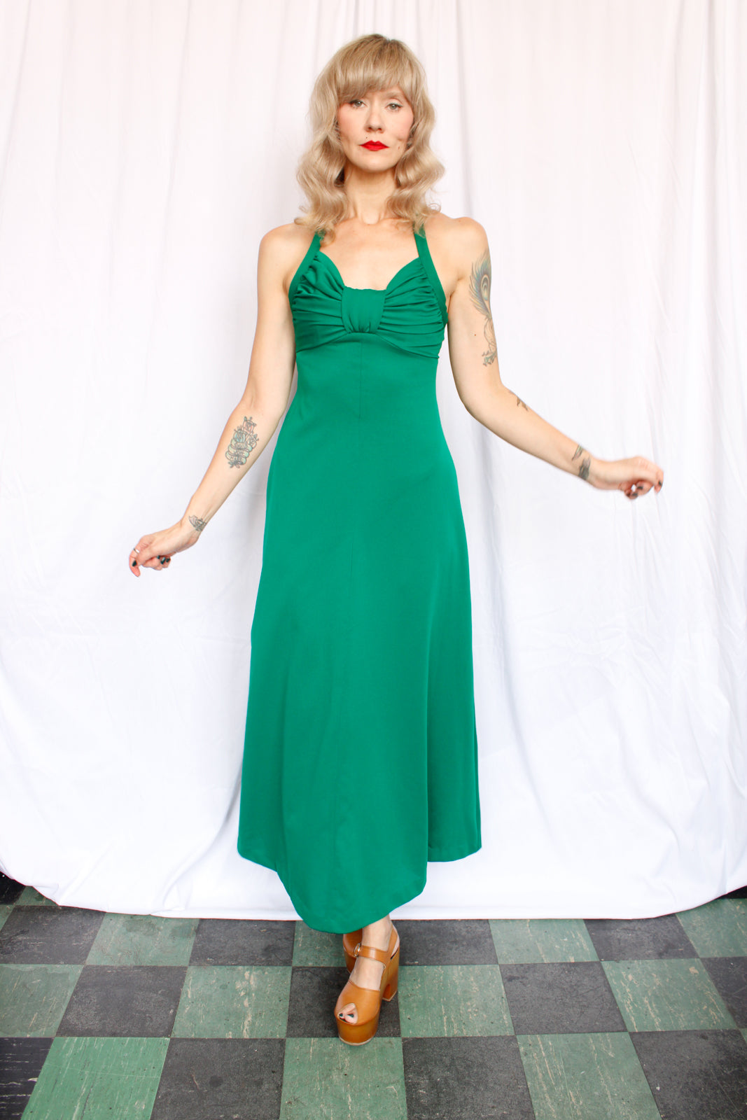 1970s Kelly Green Maxi Halter Dress - Small