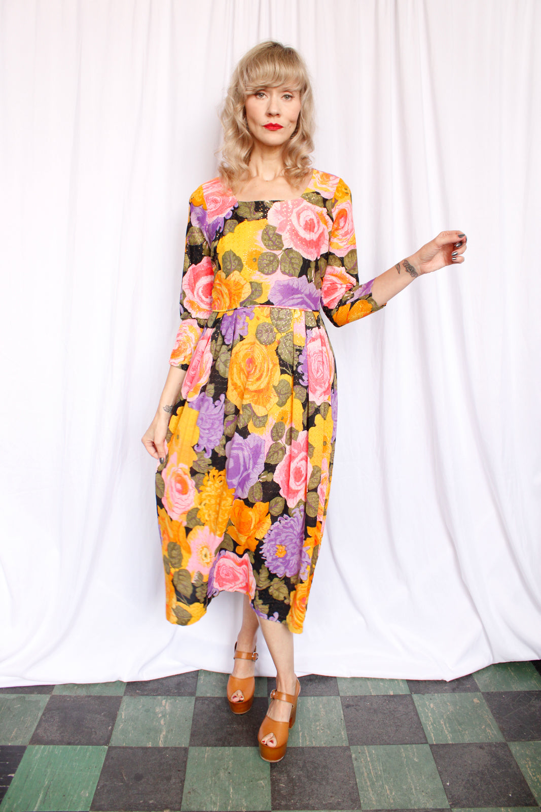 1960s Bold Floral Metallic Midi Dress - S/Med