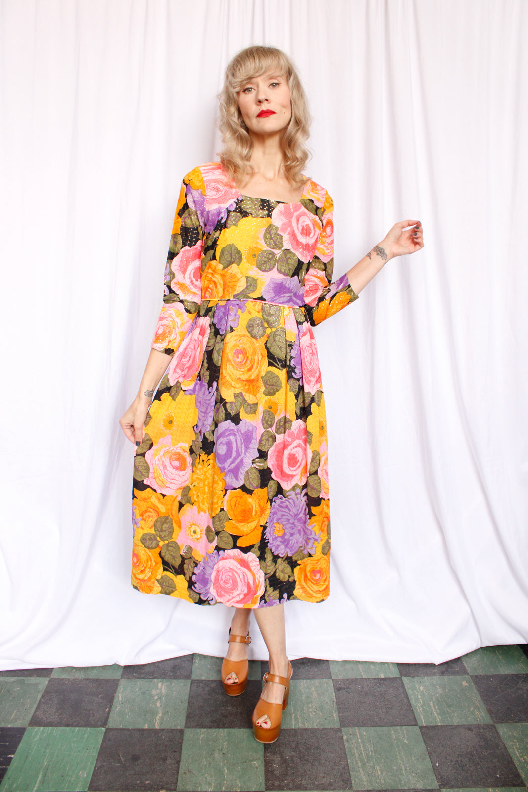 1960s Bold Floral Metallic Midi Dress - S/Med