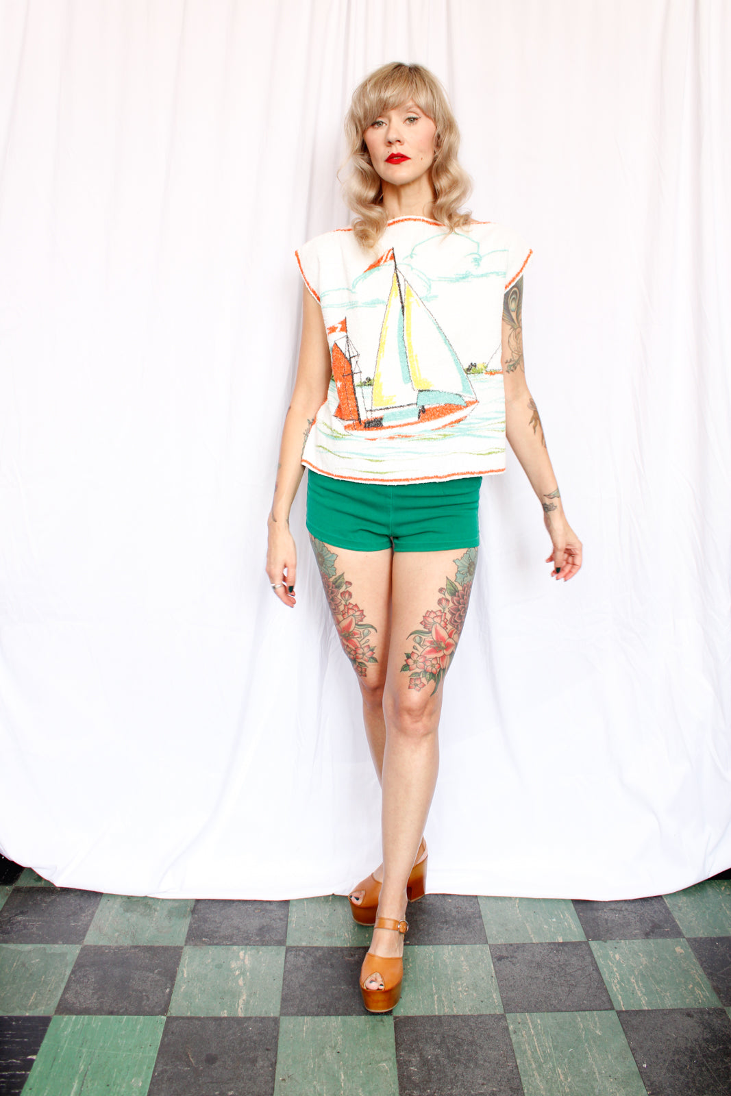 1960s Sailboat Terry Cloth Beach Shirt - M/L
