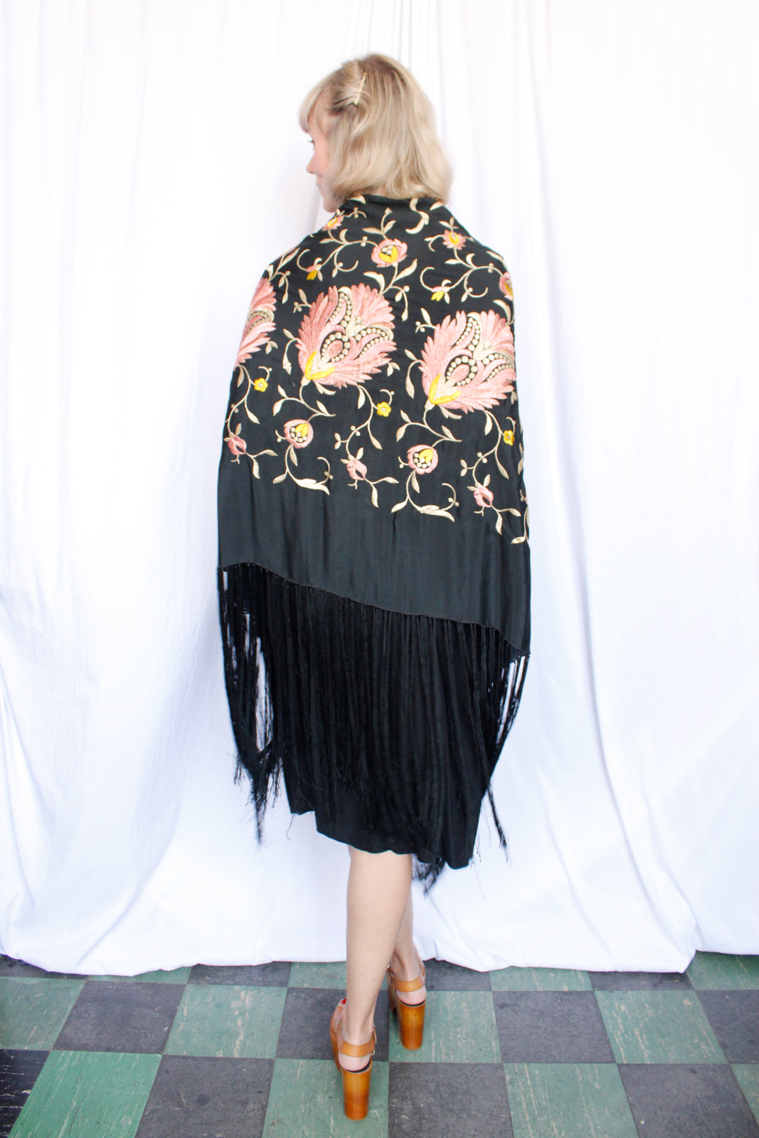 1920s Silk Embroidered Fringed Piano Shawl