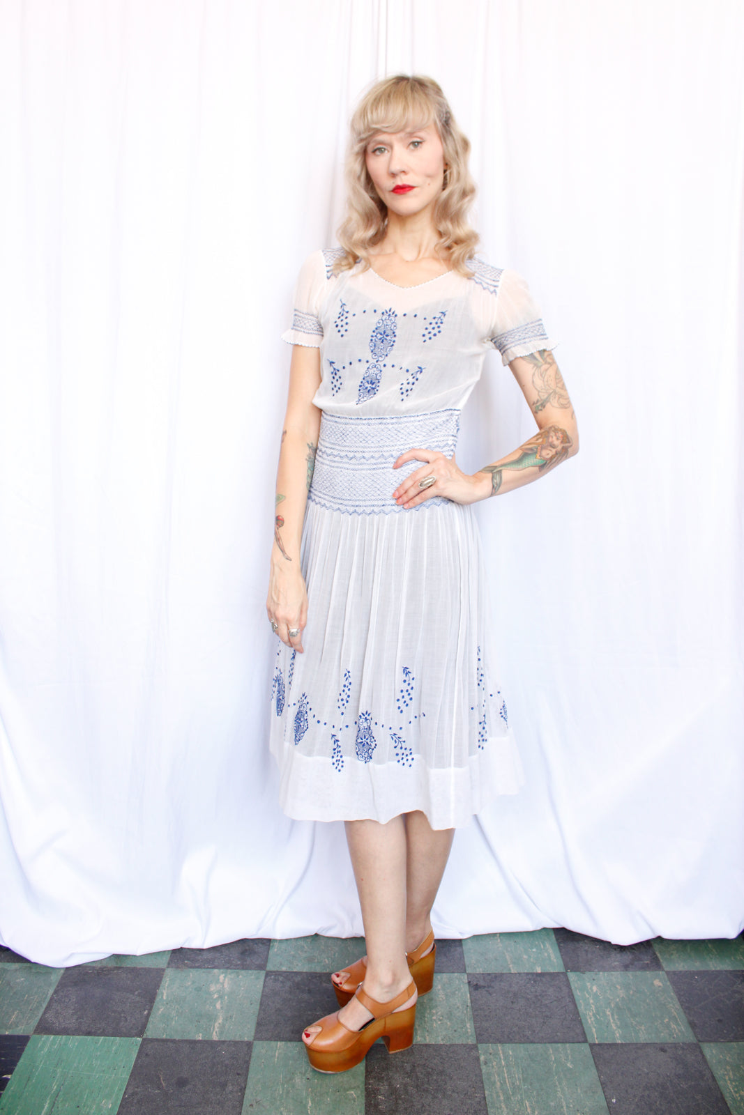 1930s Hungarian Blue Embroidered Cotton Voile Dress - Xs/S