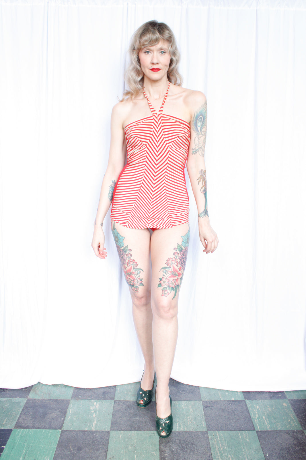 1940s Iconic Red Striped Bathing Suit - Medium