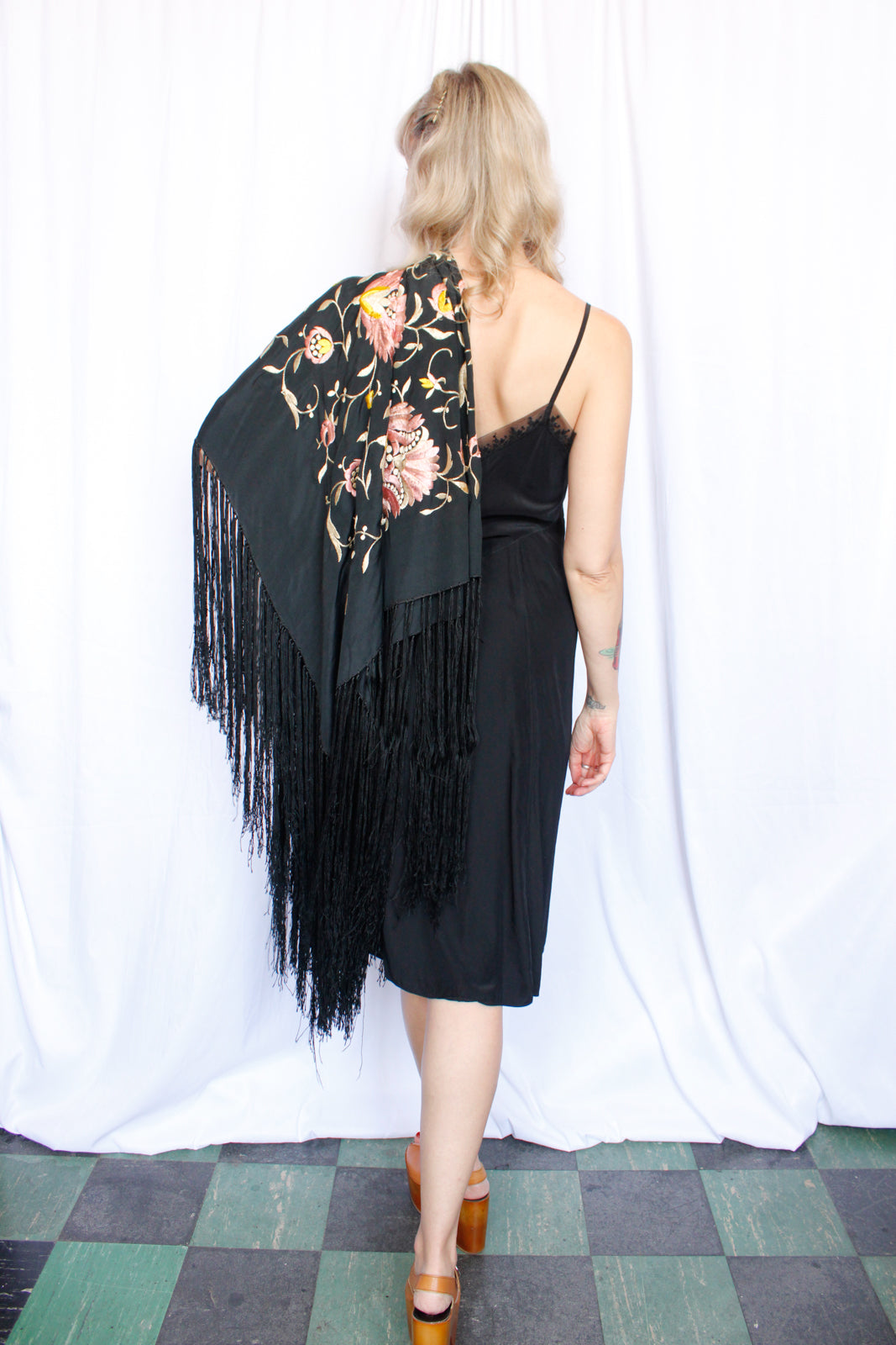 1920s Silk Embroidered Fringed Piano Shawl