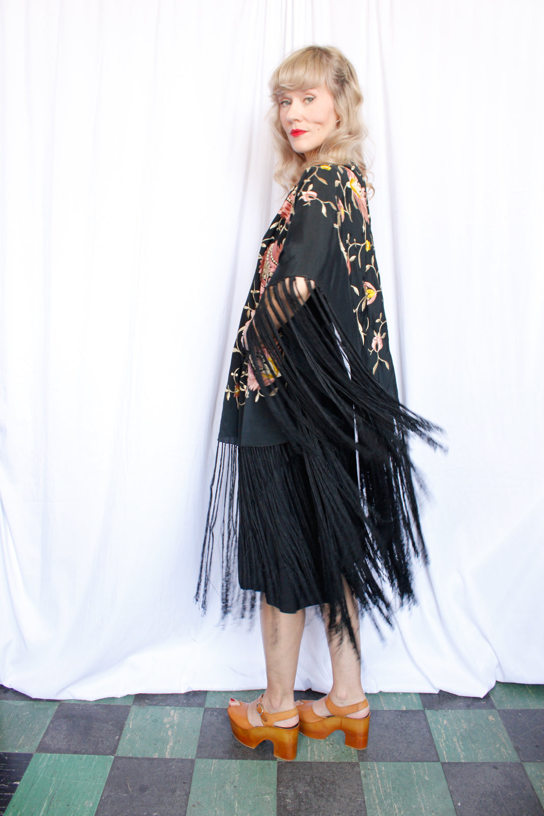 1920s Silk Embroidered Fringed Piano Shawl