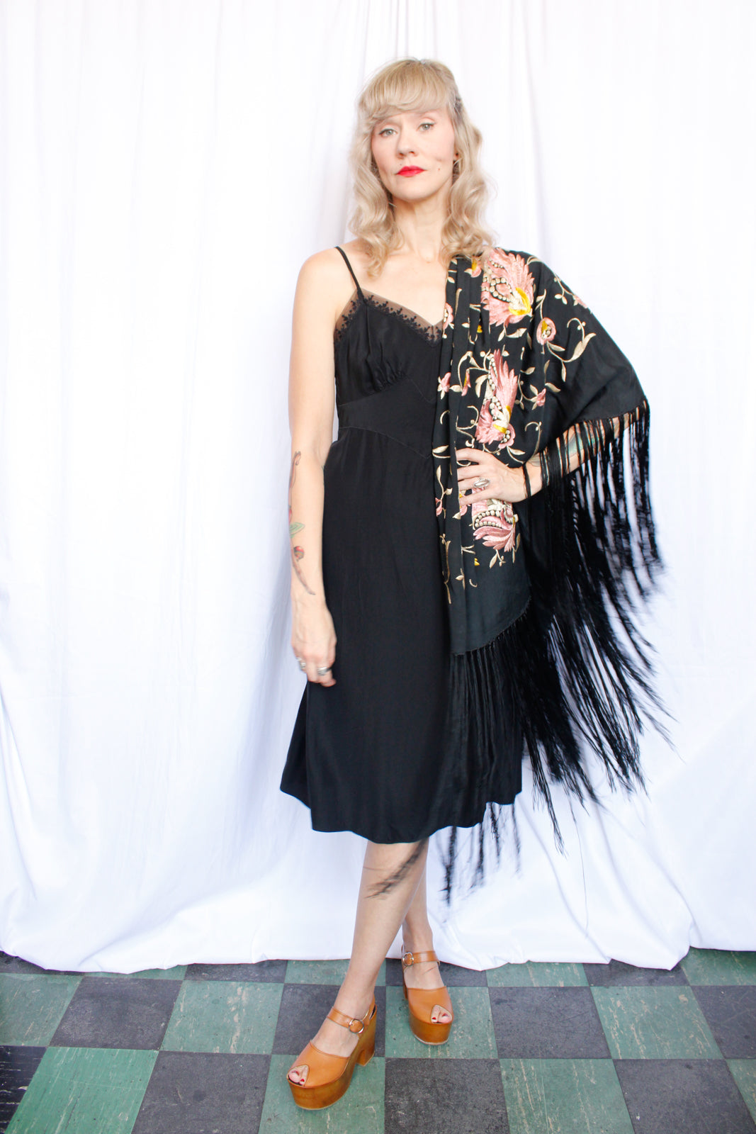 1920s Silk Embroidered Fringed Piano Shawl