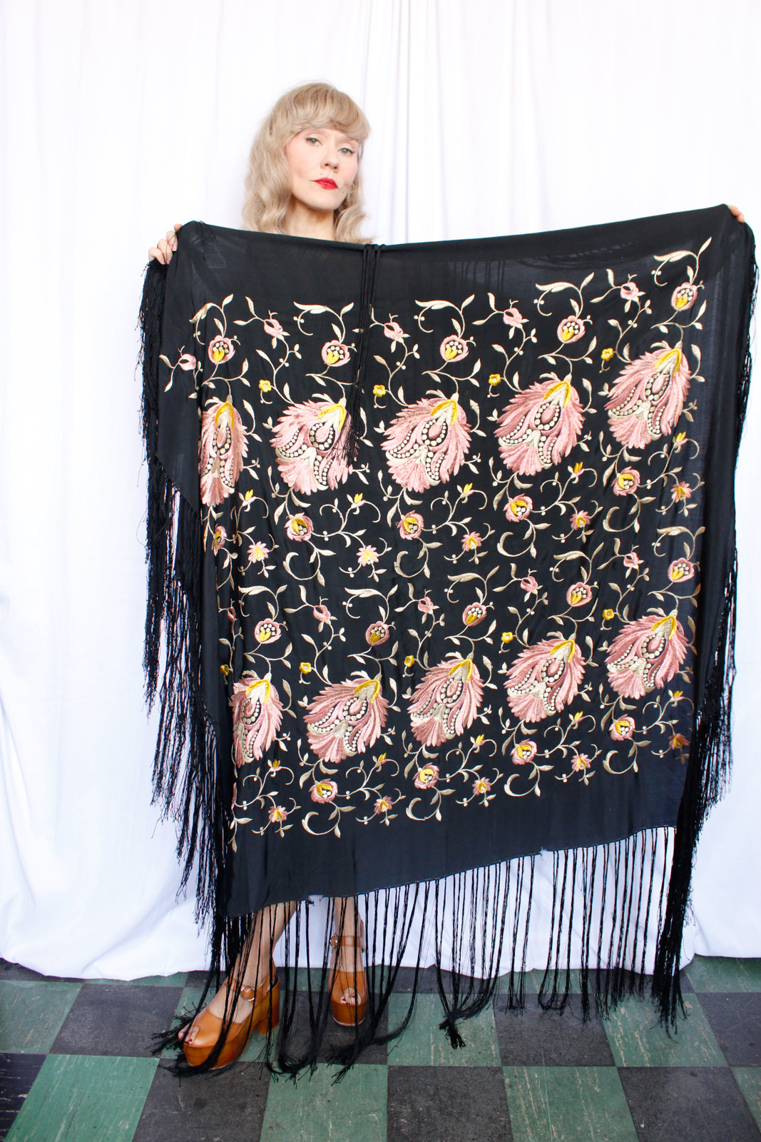 1920s Silk Embroidered Fringed Piano Shawl