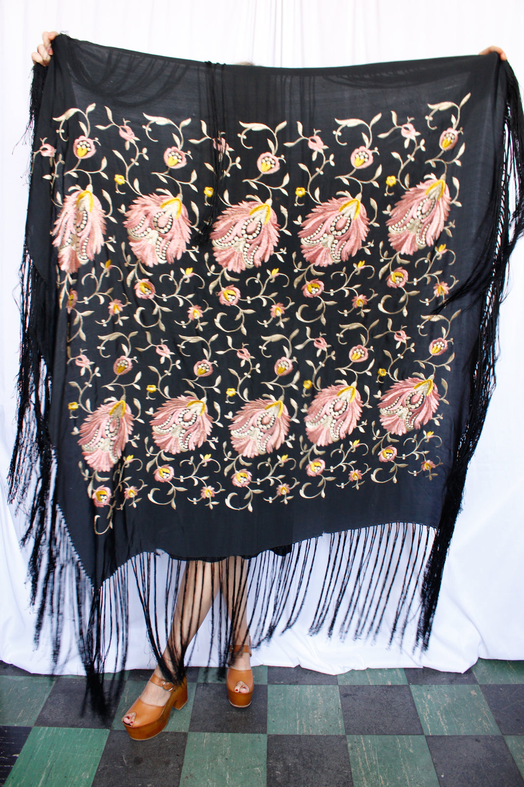 1920s Silk Embroidered Fringed Piano Shawl