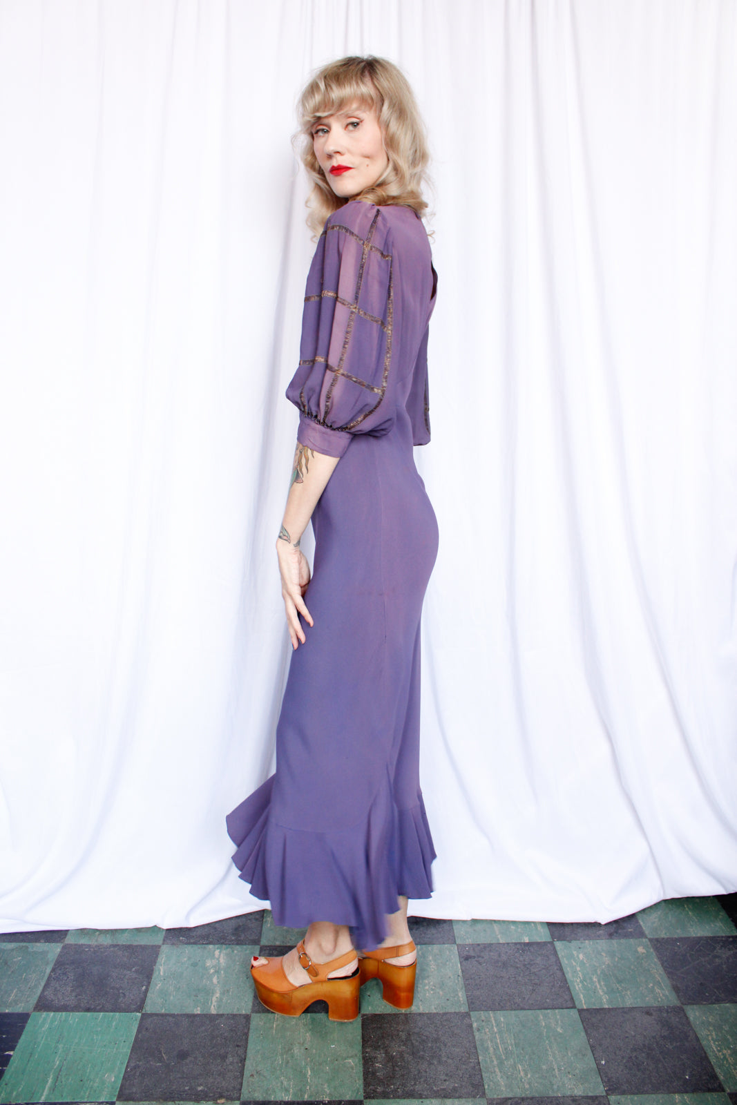 1930s Purple Bias Cut Rayon Mermaid Dress - Medium