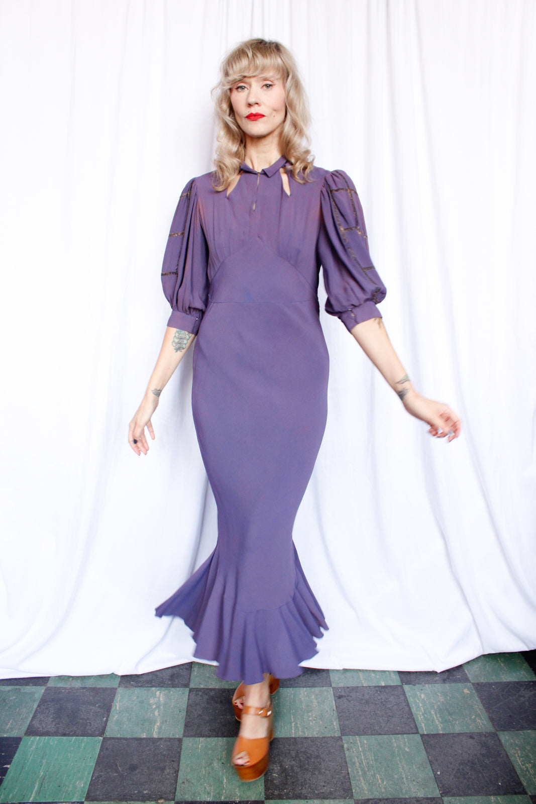 1930s Purple Bias Cut Rayon Mermaid Dress - Medium