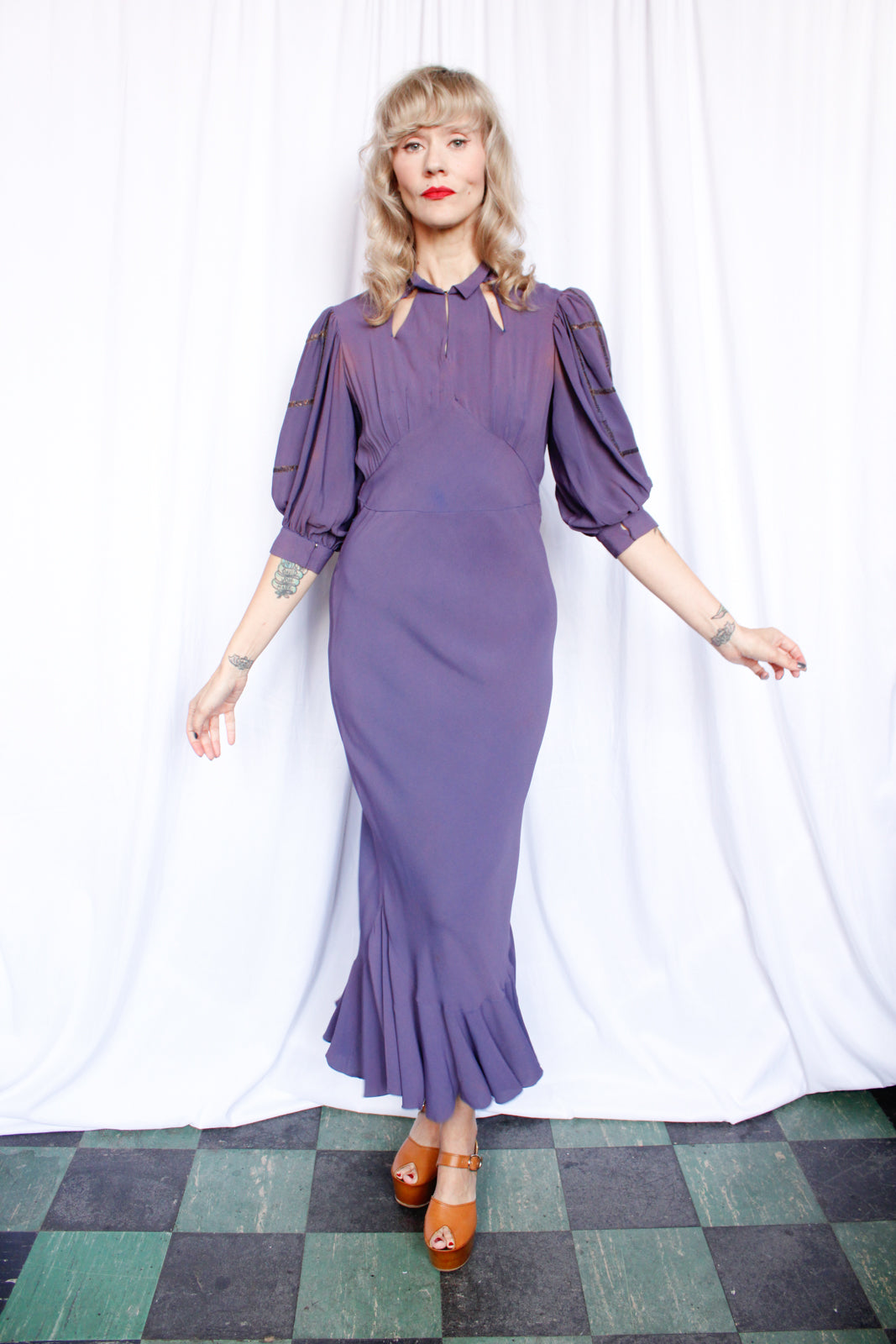1930s Purple Bias Cut Rayon Mermaid Dress - Medium