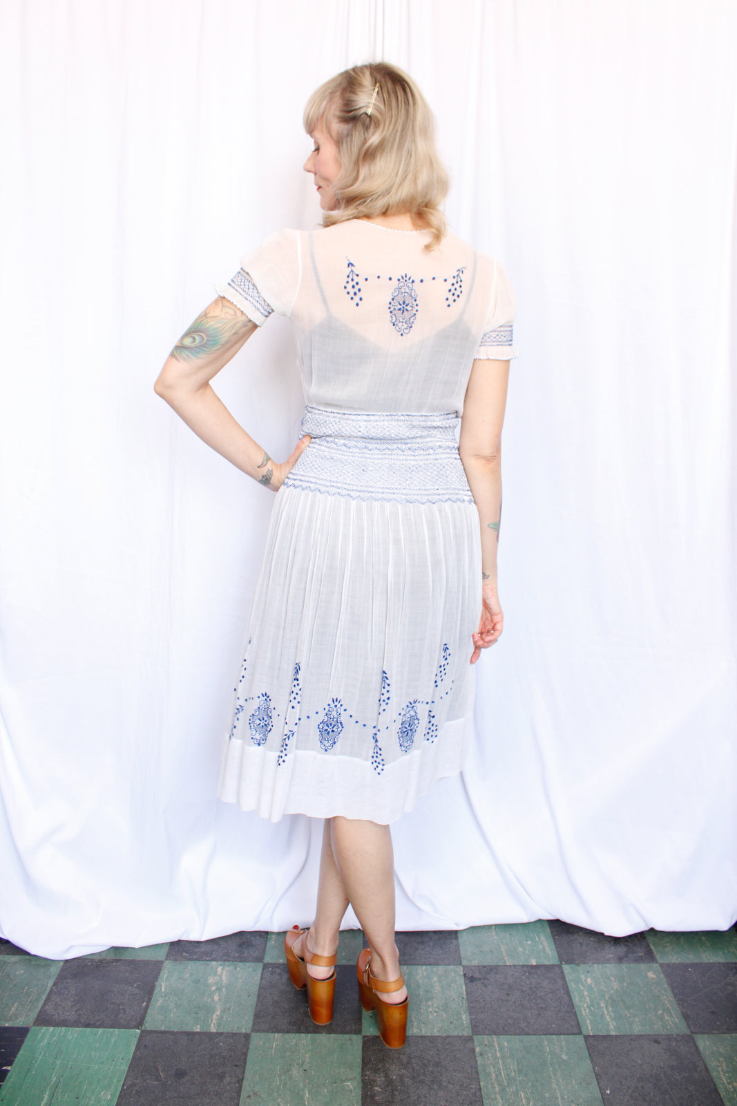 1930s Hungarian Blue Embroidered Cotton Voile Dress - Xs/S