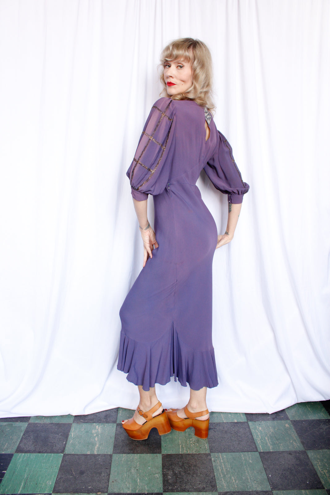 1930s Purple Bias Cut Rayon Mermaid Dress - Medium