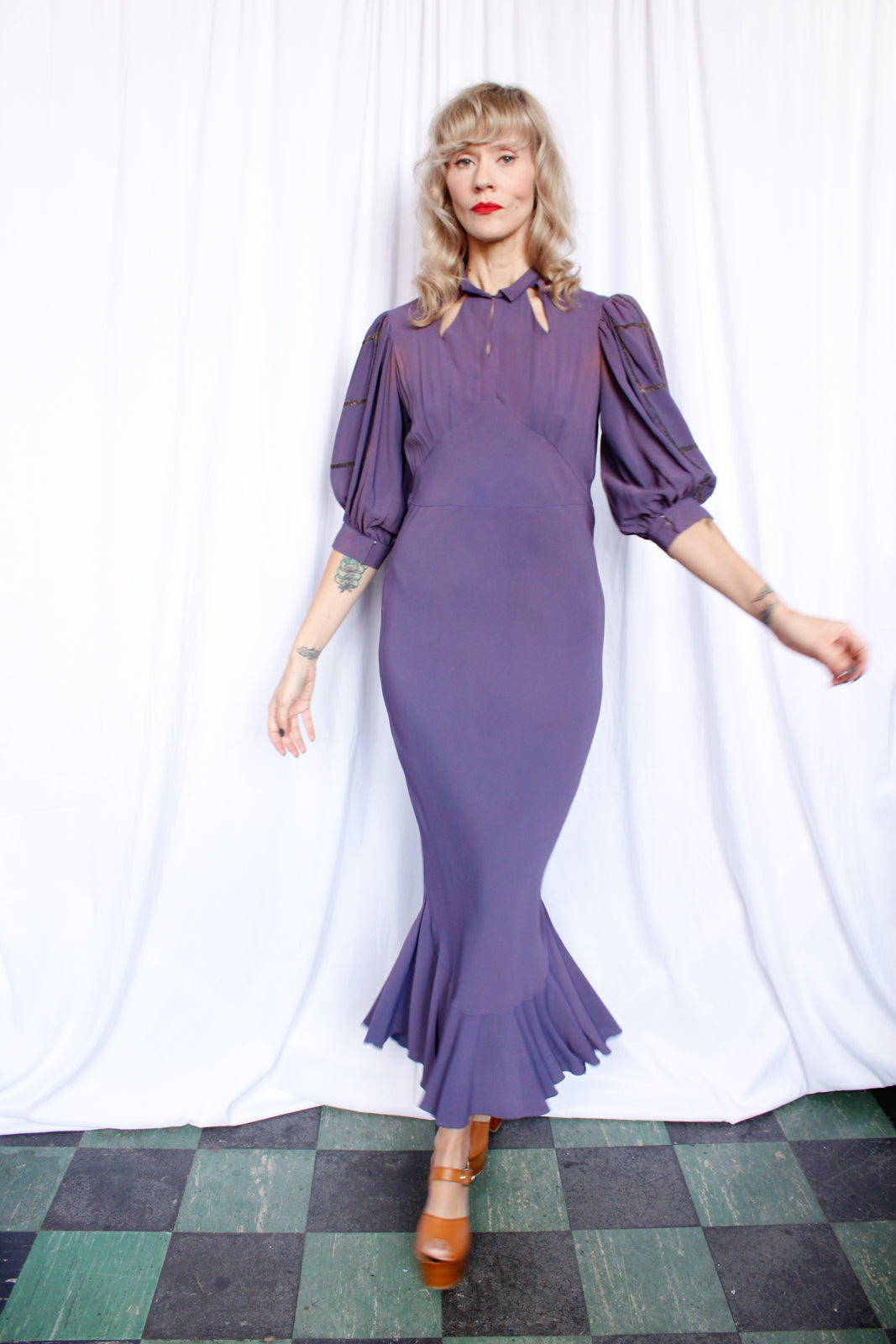1930s Purple Bias Cut Rayon Mermaid Dress - Medium