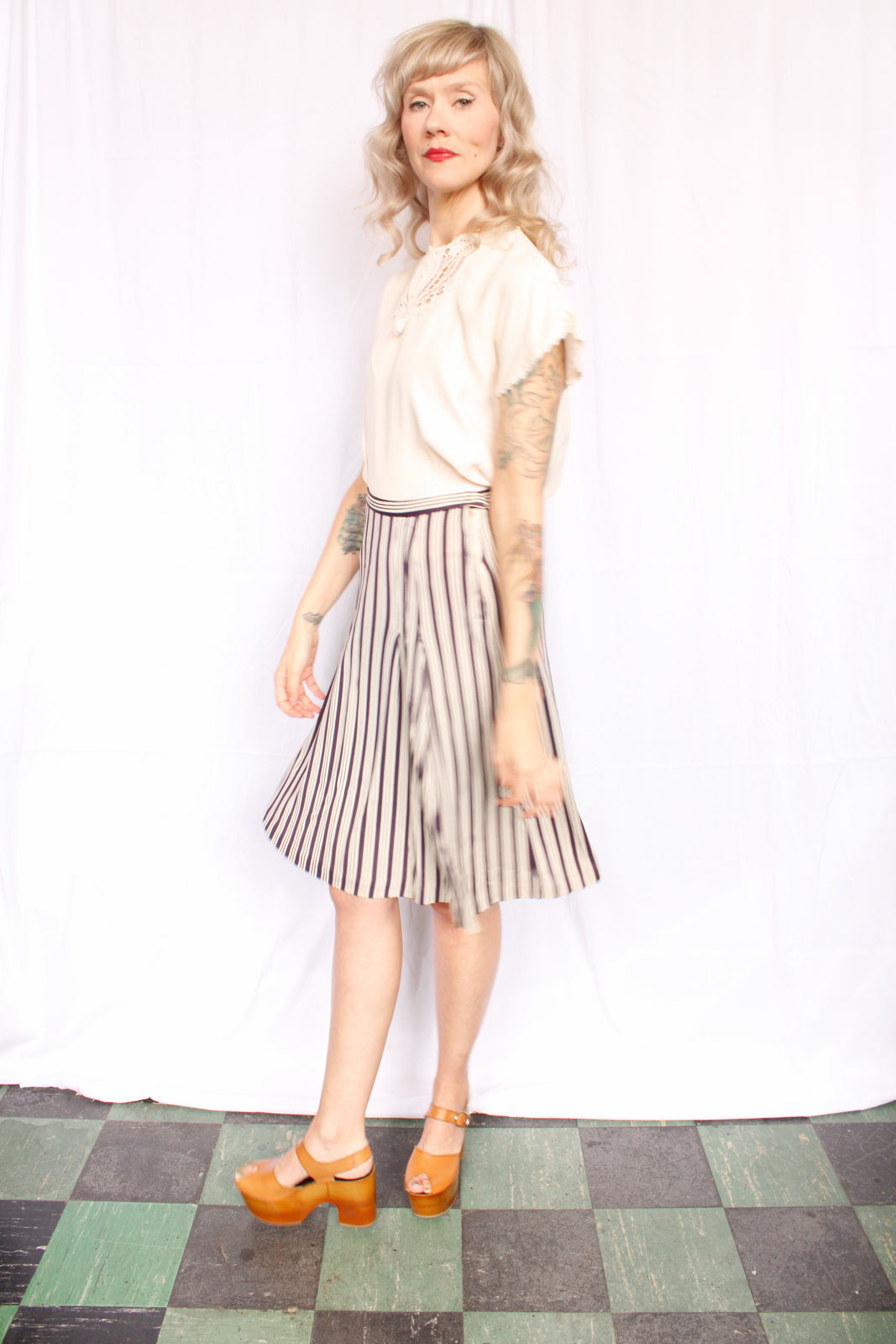 1930s Nylon Jersey Navy & Cream Striped Skirt - Medium