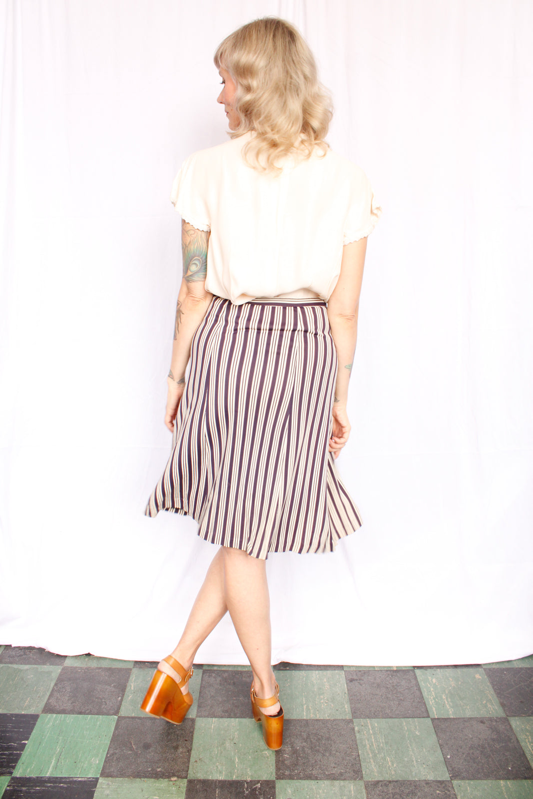 1930s Nylon Jersey Navy & Cream Striped Skirt - Medium